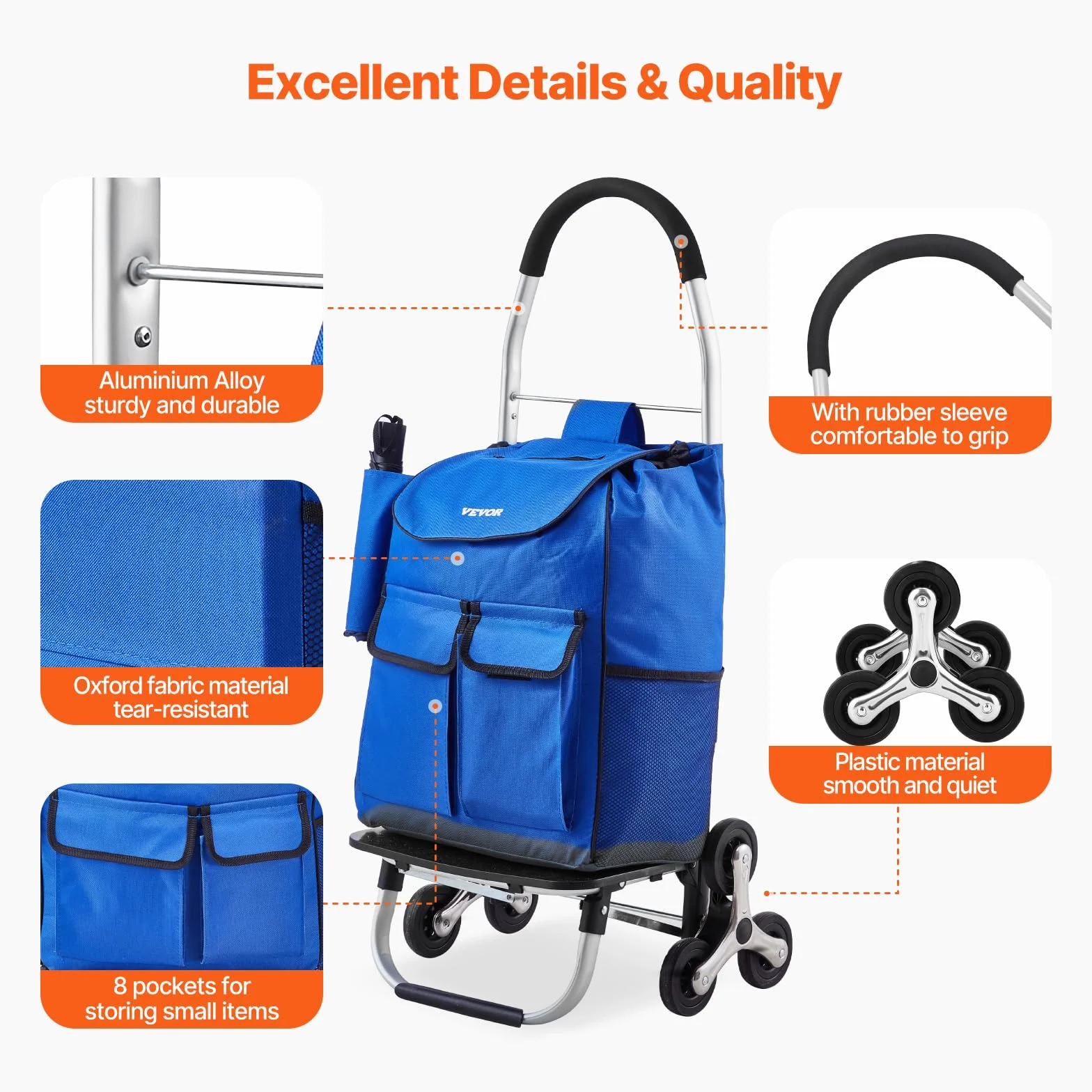 VEVOR Składany wózek na zakupy 36L Wózek na schody z 6 kołami 445 x 375 x 990 mm Torba do przechowywania z tkaniny Oxford na zakupy, do biura, przeprowadzki, transportu, na zewnątrz, pralni,