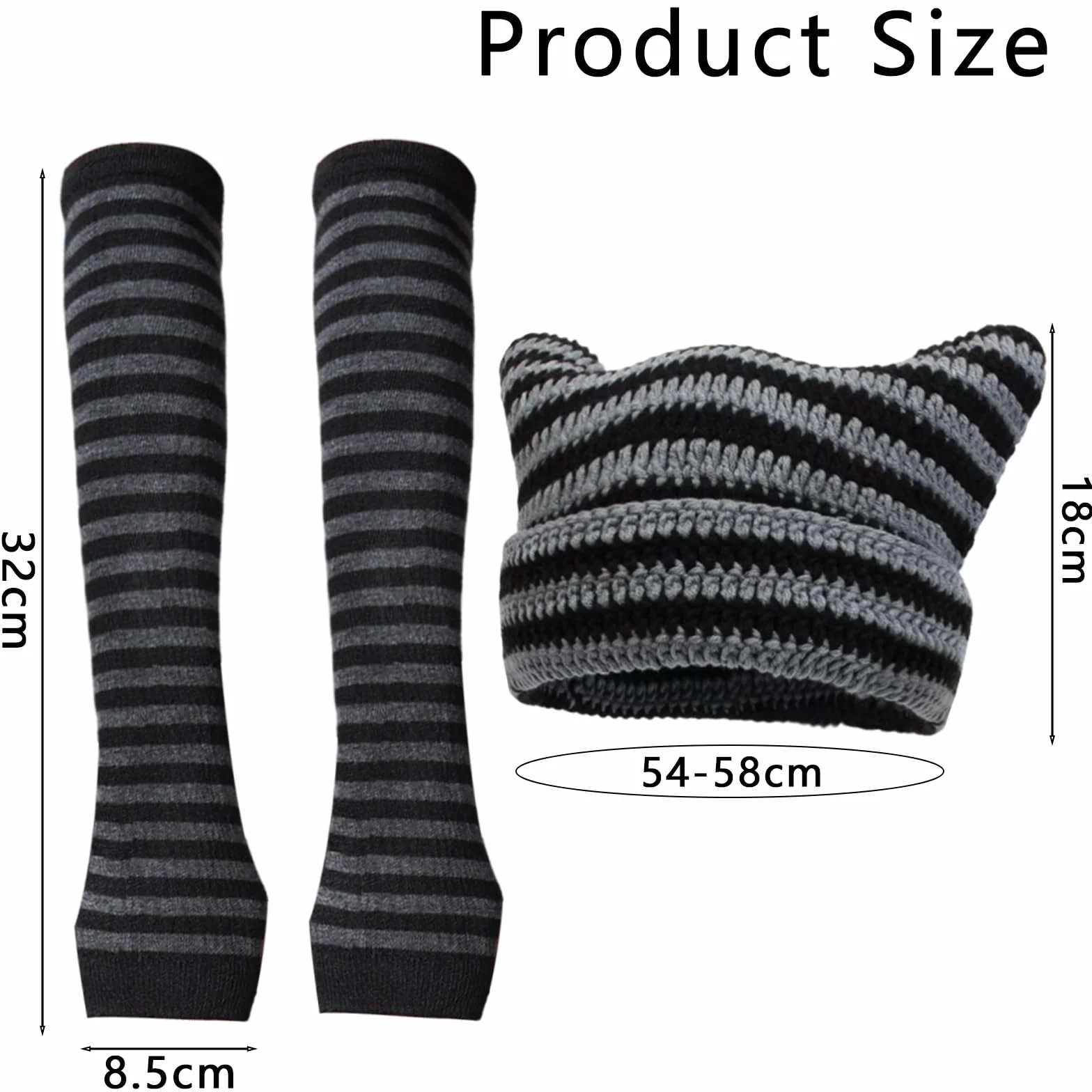 Damska czapka z kocimi uszami, y2k Beanie Striped Crochet Slouchy Hat z długimi mankietami w paski, dla kobiet, zimowa, ciepła
