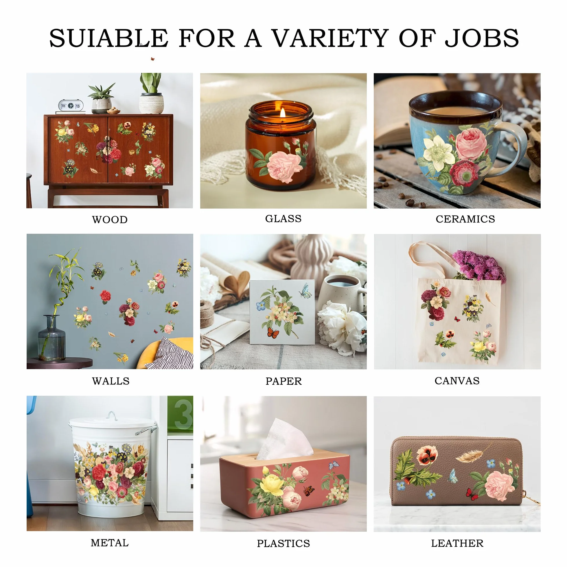 Joeyan Mieszane kwiaty Bukiet Transfery i Naklejki do mebli i rękodzieła, DIY Naklejka do domu na drewnie, szkle, metalu, płótnie, porcelanie, papierze i plastiku, 2 duże wzory 43 x 30 cm