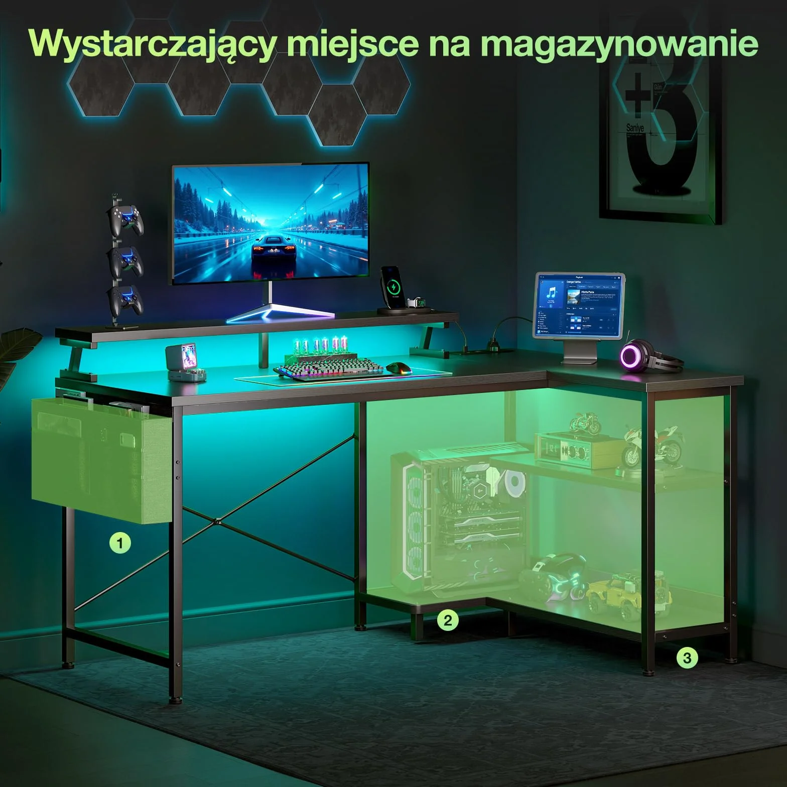 Coleshome Biurko Gamingowe LED 120x80cm Odwracalne Narożne z Półkami Stół Komputerowy Kształt L 2 Porty USB 2 Gniazdka Podstawka pod Monitor Czarny