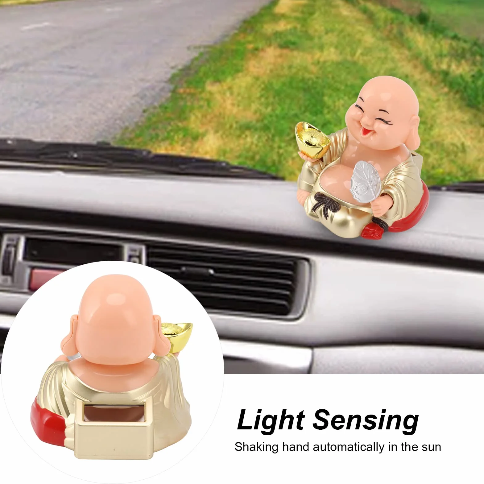 Zabawna Słoneczna Śmiejący się Budda Ozdoba Automatyczna Kiwająca Głową Uśmiechnięty Budda z Tworzywa Sztucznego 9,5 x 9,5 x 9,3 cm do Biurka Okna Domu