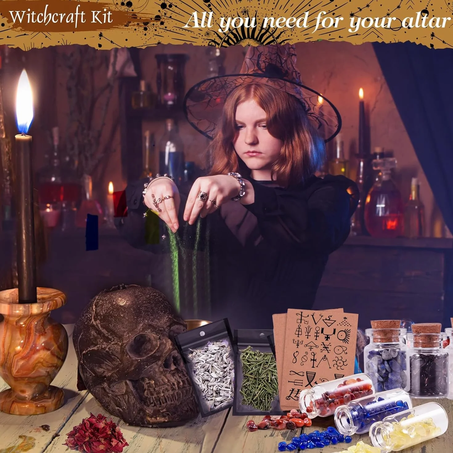 Zestaw startowy Czary akcesoria czarownic świece suszone kwiaty dzwonki wietrzne kryształy pergamin dekoracja magiczne