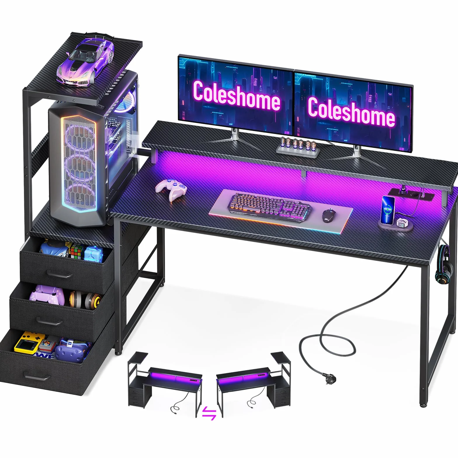Coleshome Biurko Gamingowe LED 151 cm z Gniazdkiem i Szufladami, Stojak na Monitor, Włókno Węglowe Czarne