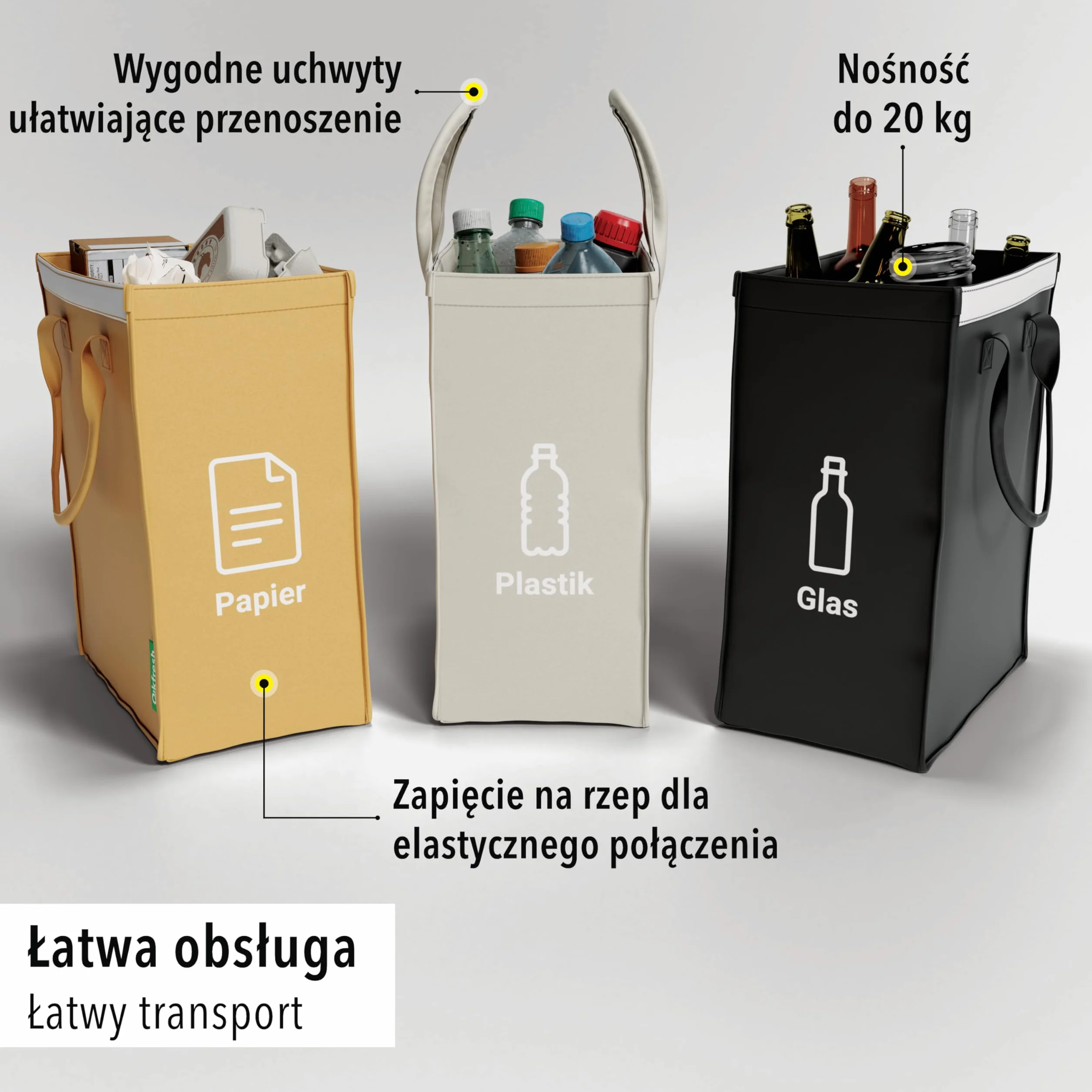 qikfresh - 3-częściowy system segregacji odpadów - Pojemniki do recyklingu szkła, papieru, plastiku i butelek - Oszczędzający miejsce system do kuchni i domu (symbole + tekst)