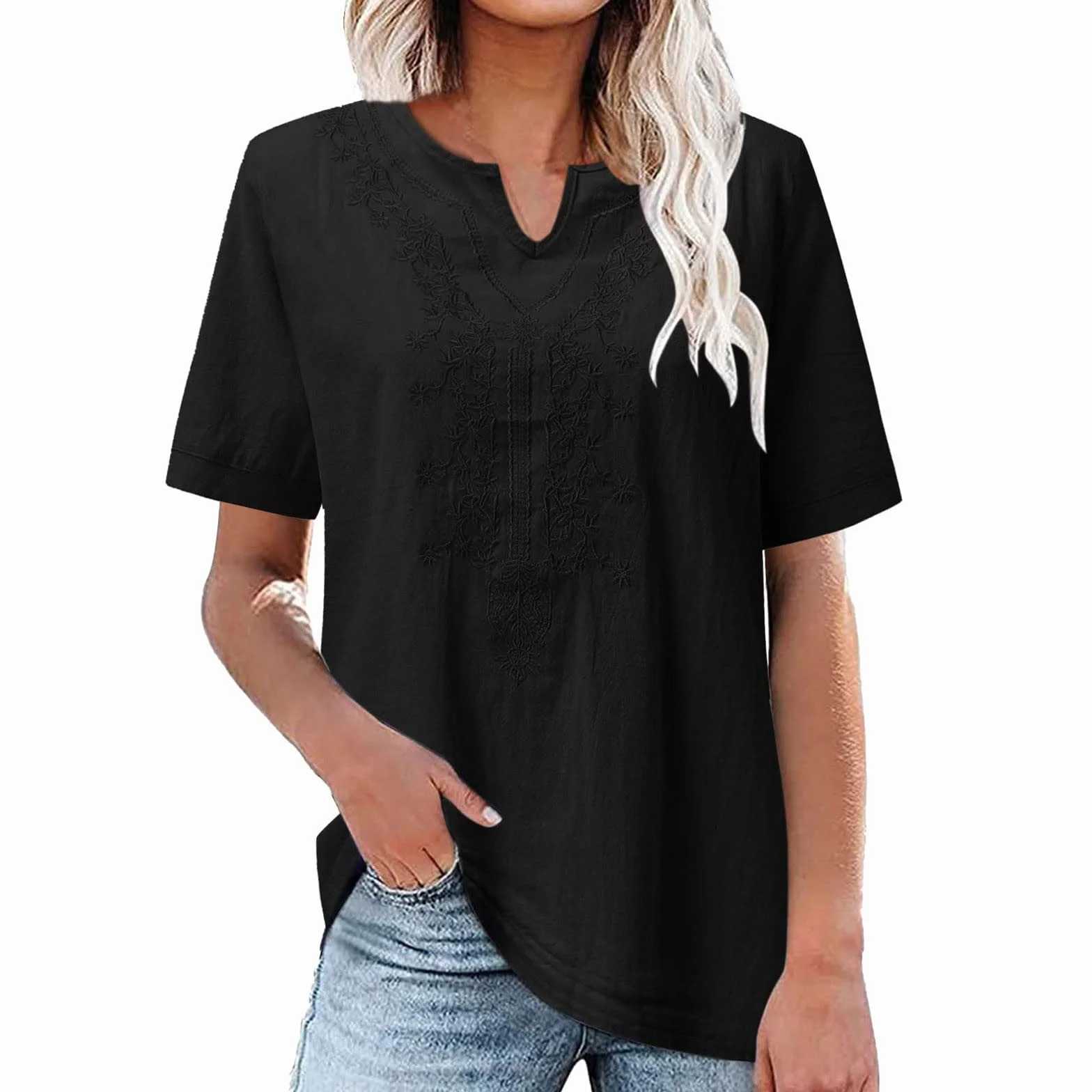 Letnie damskie lniane topy damskie letnia bluzka damska haft z krótkim rękawem jednolity kolor luźna tunika do noszenia z legginsami dekolt w serek eleganckie topy