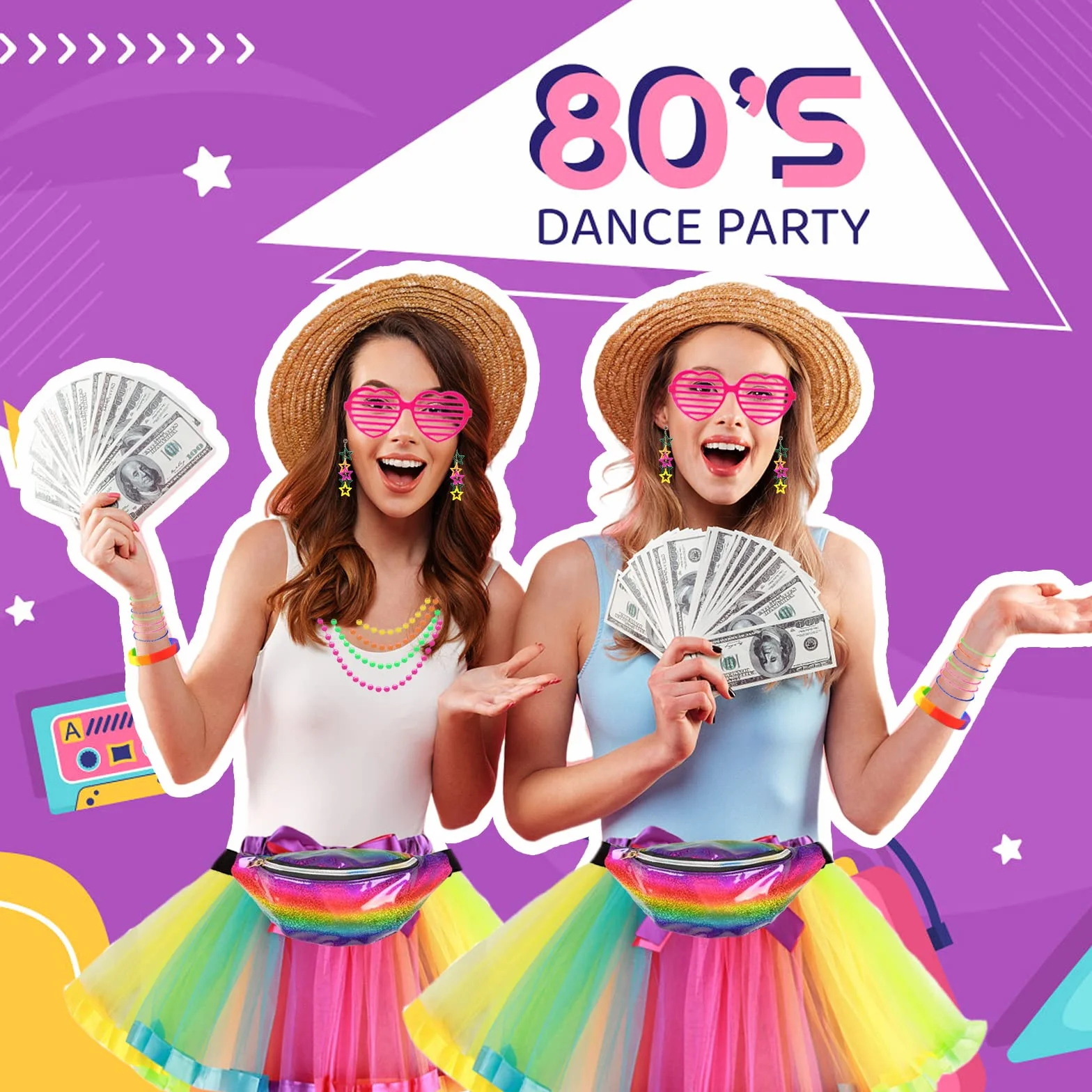 Fantazyjny strój dla kobiet i dziewcząt z lat 80. XX wieku, na imprezę, zestaw akcesoriów, spódniczka tutu, ocieplacz na nogi, kolczyki, kabaretki, rękawiczki, naszyjnik, okulary, bransoletka, opaska