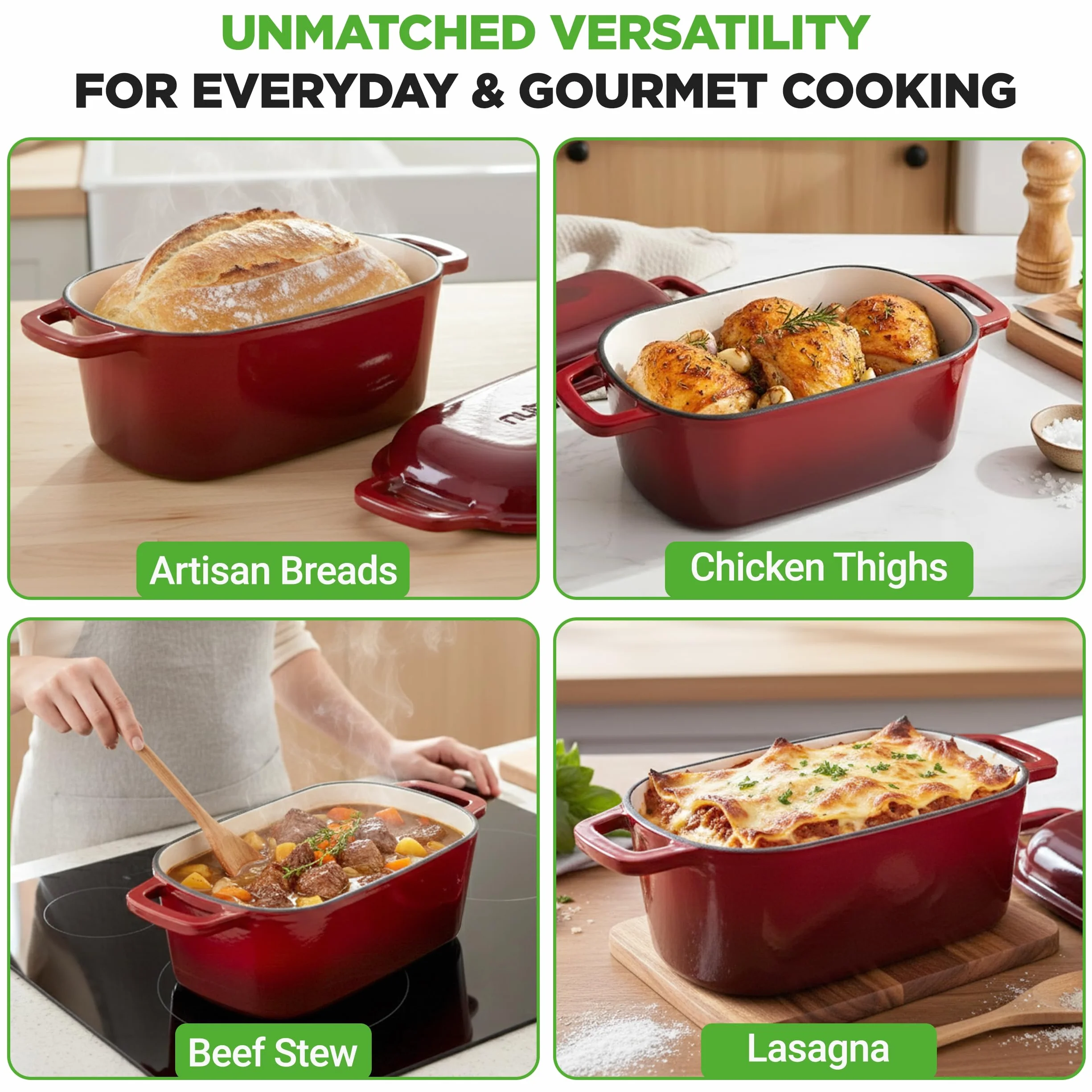 NutriChef 10" emaliowana żeliwna forma do chleba z pokrywką, owalna forma typu Dutch oven z silikonowymi rękawicami, odporna na temperaturę do 260°C, do pieczenia, pieczenia mięs, duszenia, czerwona