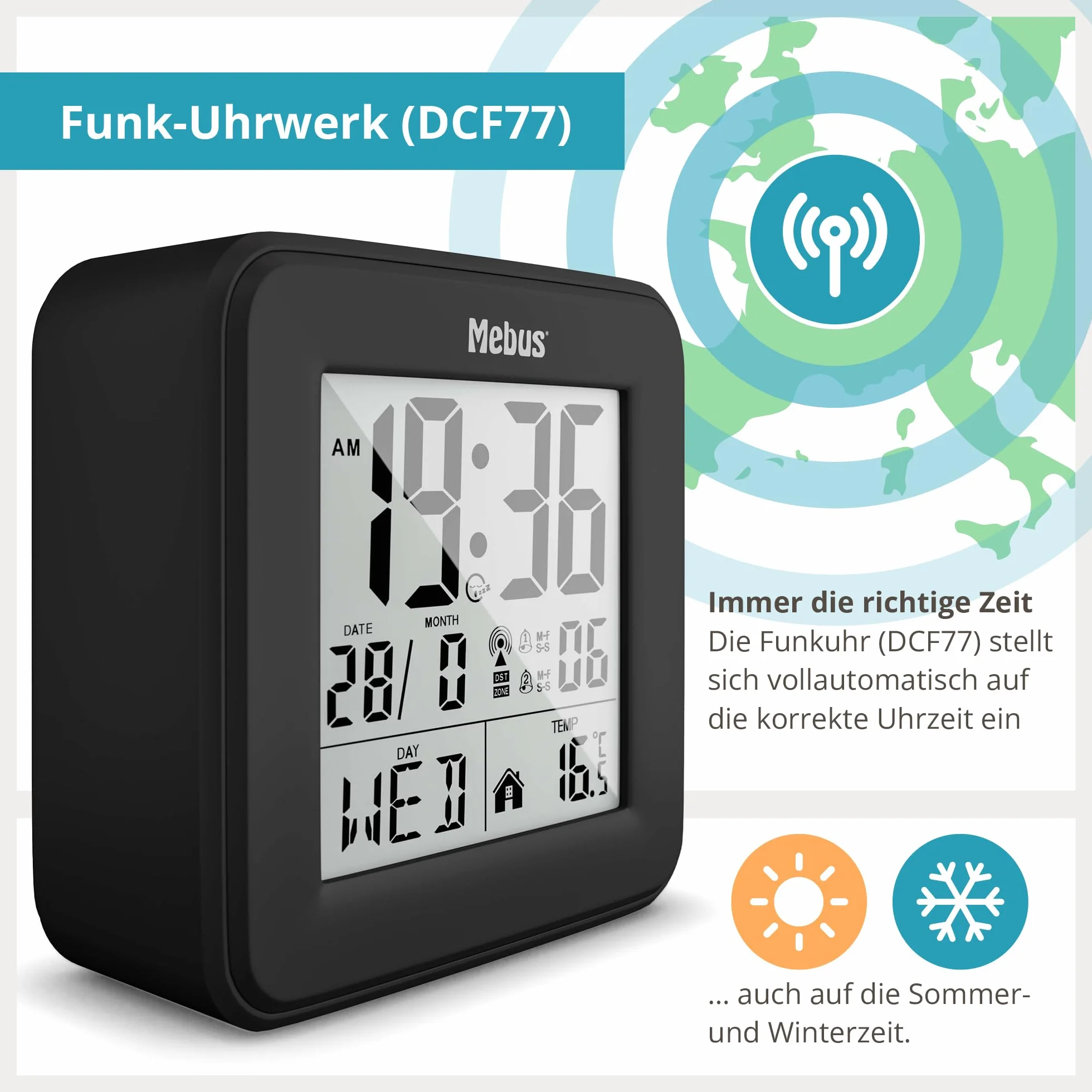MEBUS Digitaler Funk-Wecker mit Thermometer Beleuchtung Kalender Schwarz Modell 25595