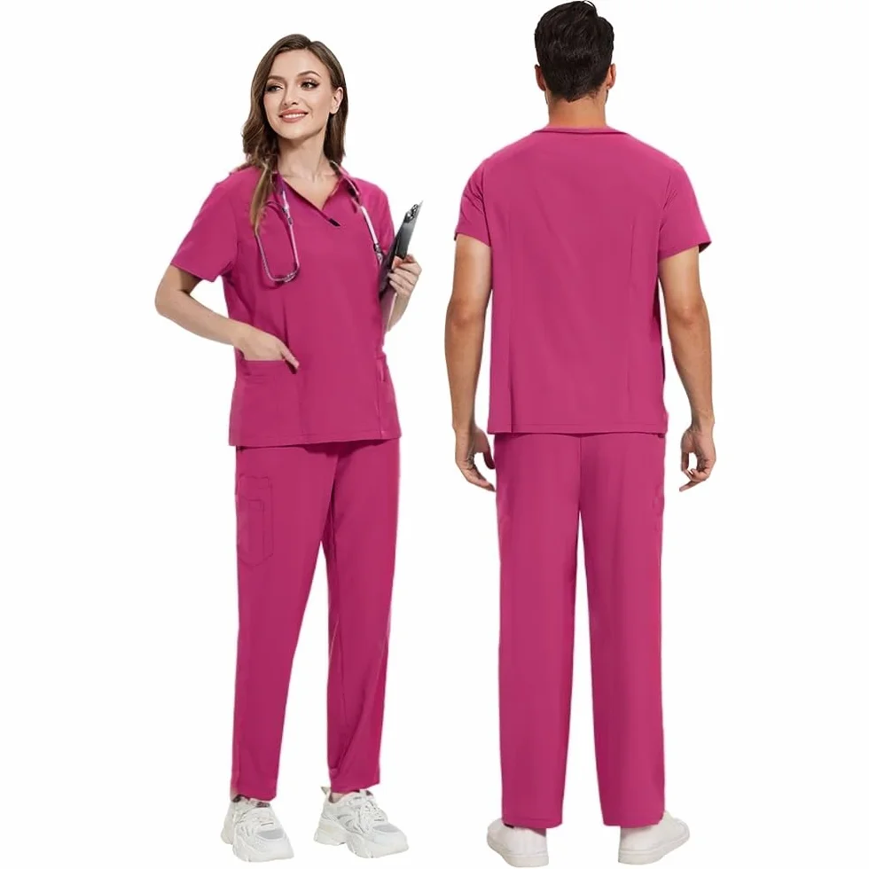 Zestaw peelingowy unisex medyczny mundur zestaw poliester oddychająca szybkoschnąca odzież robocza z 4 kieszeniami top stretch spodnie DK51