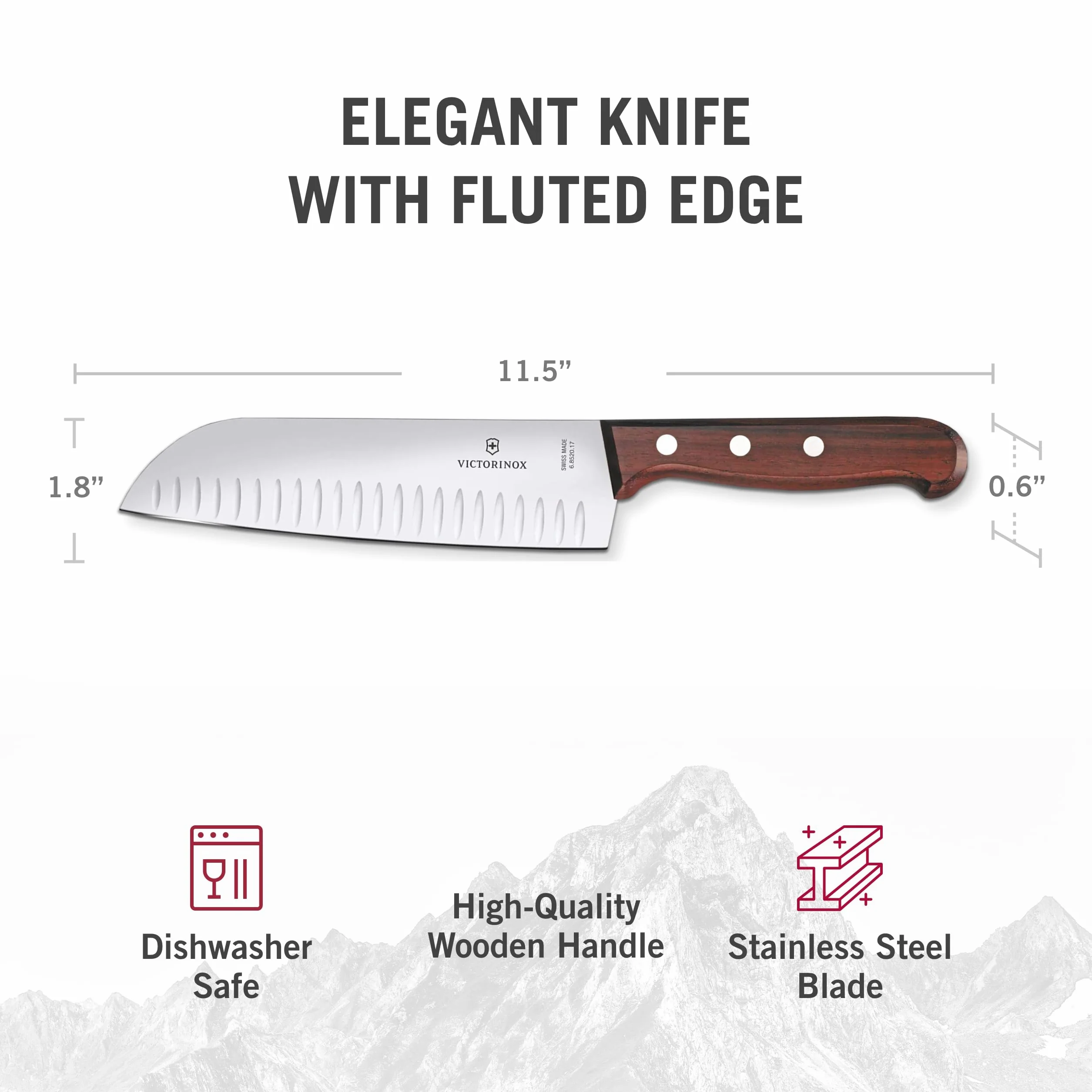 Victorinox, 6.8520.17G, Wood, Santokumesser, Extra scharfe Klinge, mit Kullenschliff, mit edlem Holzgriff, Braun, Made in Switzerland,