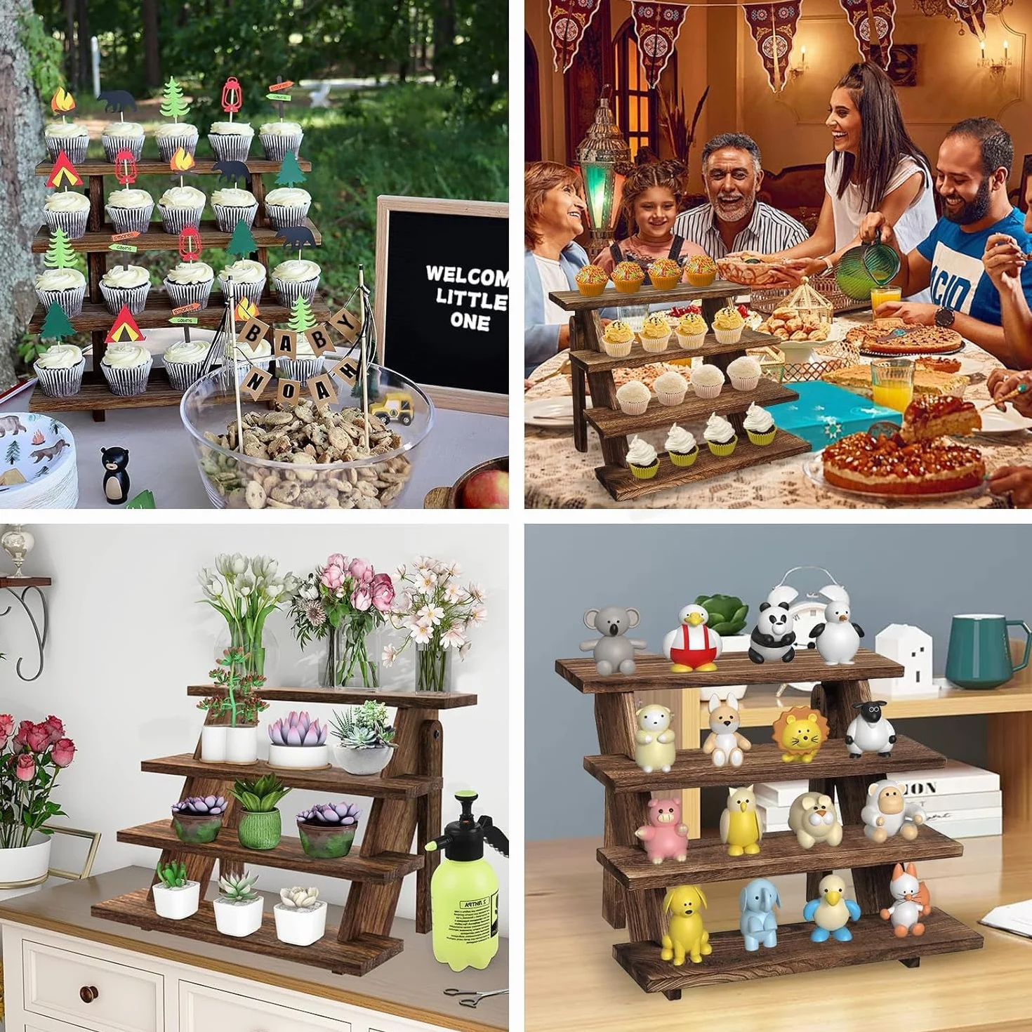 Drewniany stojak ekspozycyjny, 4-poziomowa półka ekspozycyjna, blat kuchenny, półka, organizer na perfumy, stojak na figurki, desery, imprezę, do makijażu, figurek, lalek, przypraw