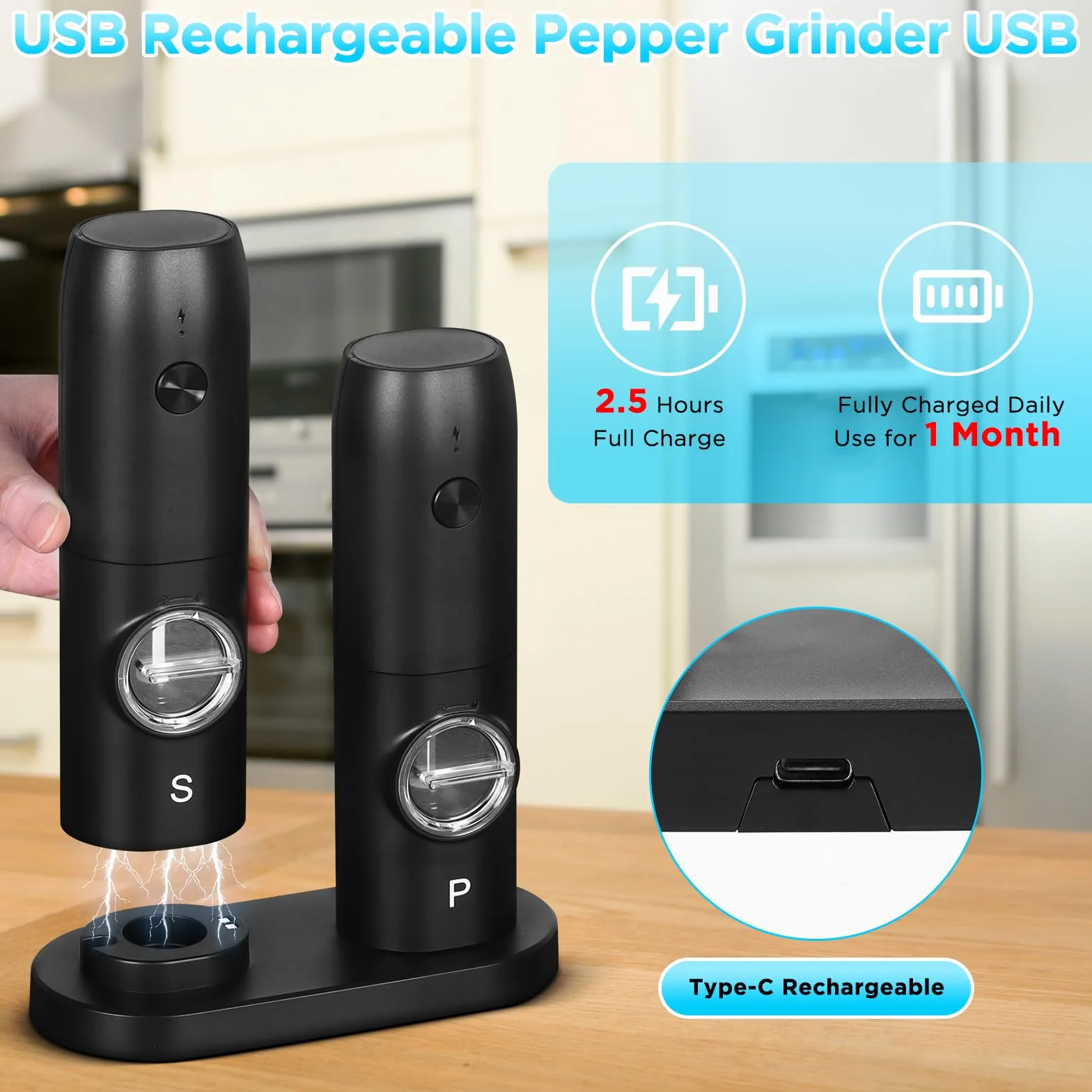 Elektryczny młynek do soli i pieprzu 2 w 1 z podstawą USB, regulowana grubość, LED, ładowany