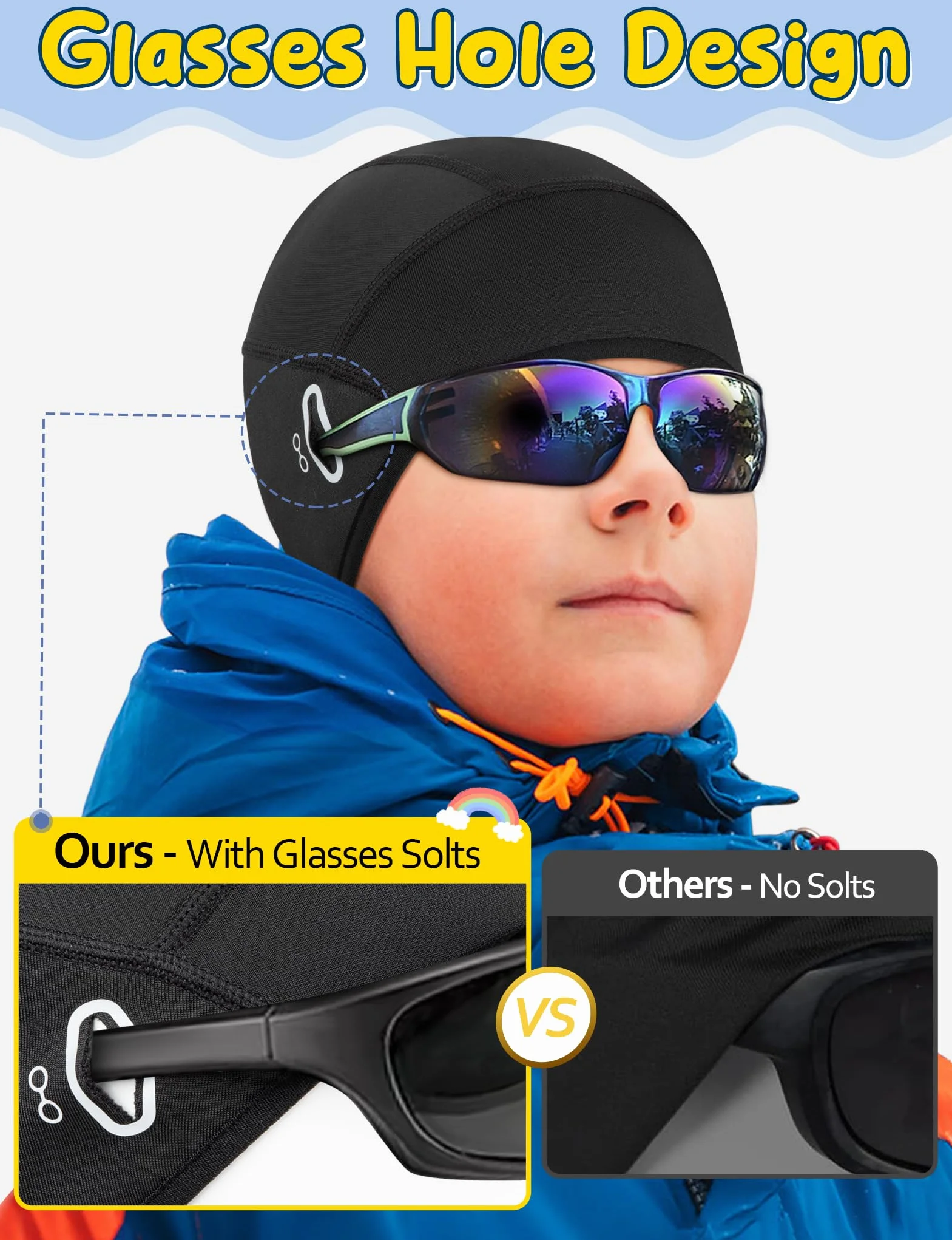 Becellen Czapka na kask dla dzieci, zimowa czapka termiczna na rower, jeden wzór z otworem na okulary, ciepła, wiatroszczelna, czapka sportowa, uniseks, czarna czapka pod kask rowerowy, dla chłopców i