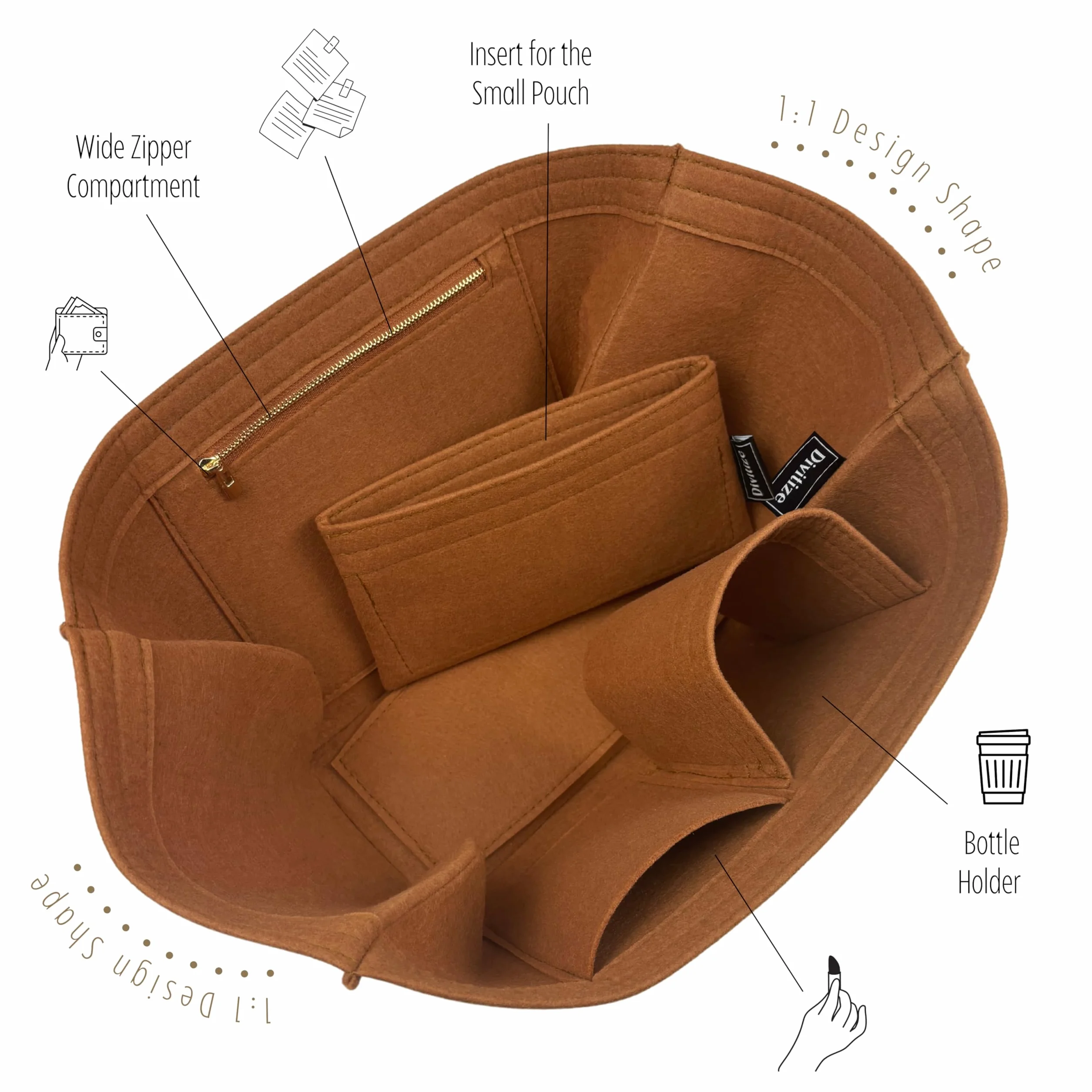 Divitize Premium Organizer kompatybilny z Cyme Mini/Large - w ręcznie robionym filcu, całkowite pokrycie, wzmocniona podstawa, wykonanie na zamówienie, 24+ kolorów (Sienna, dla Mini Cym*)