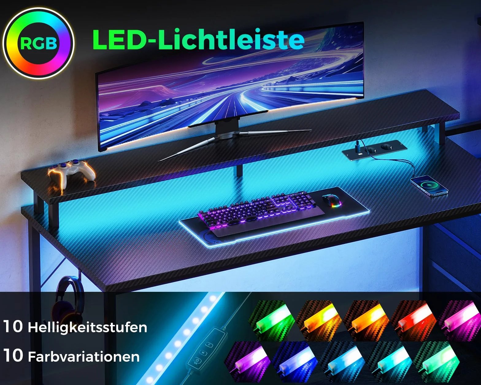Coleshome Biurko Gamingowe LED 151 cm z Gniazdkiem i Szufladami, Stojak na Monitor, Włókno Węglowe Czarne