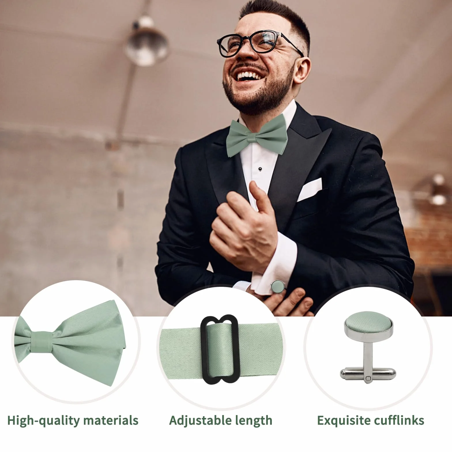 VOSSOT Zestaw Papillon Męski Zielony, Elegancki z Papillonem Zielonym, Papillony dla Mężczyzn z Pochette i 2 Spinkami Akcesoria do Ślubu Krawat Zielony, Strój na Uroczystość