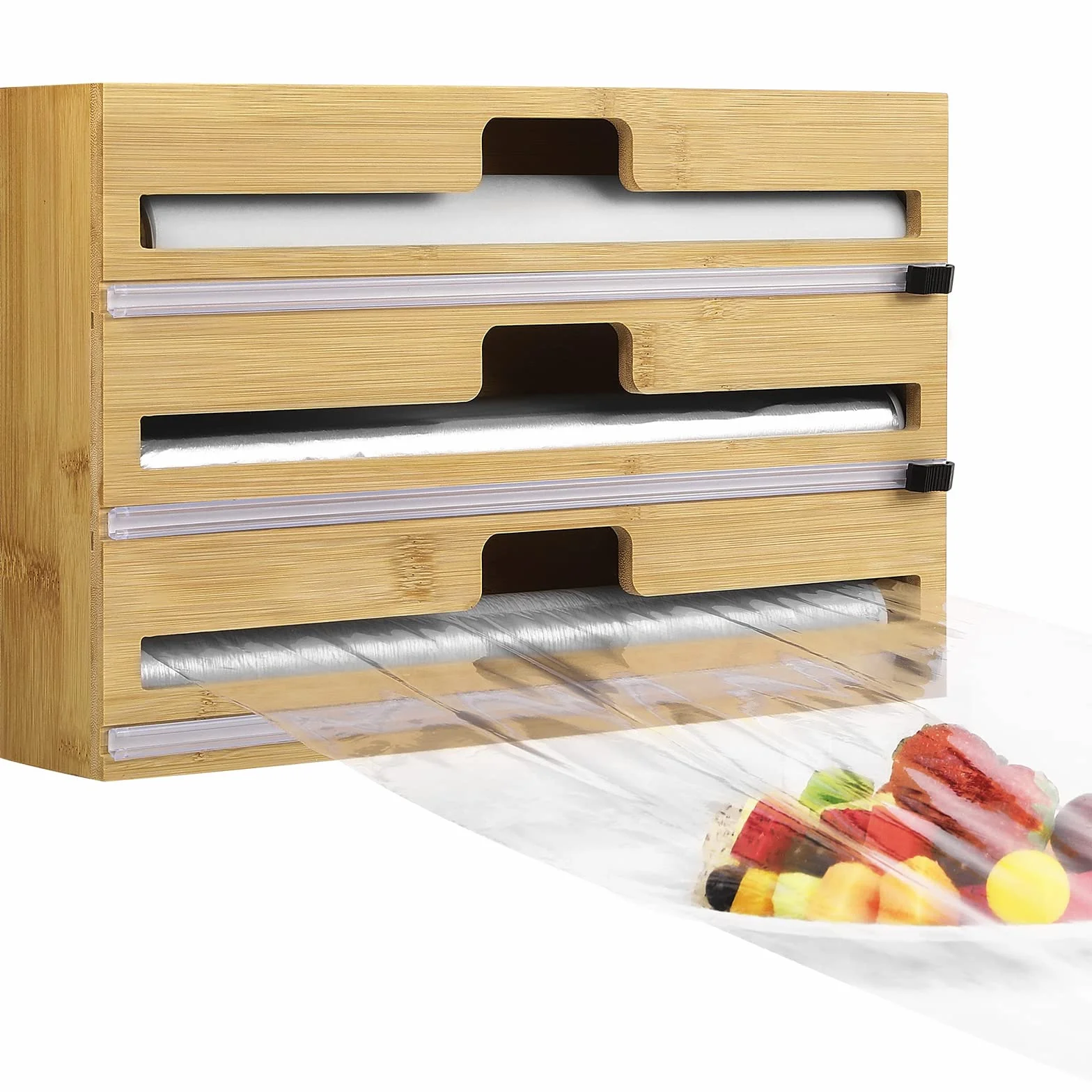 Przywiązanie dozownika filmów i folii folii i plastikowy Organizator 3 w 1 Wrap Dozownik z dozownikiem folii nożnej do domu i szuflady kuchennej odpowiednie do bułek o szerokości 30 cm