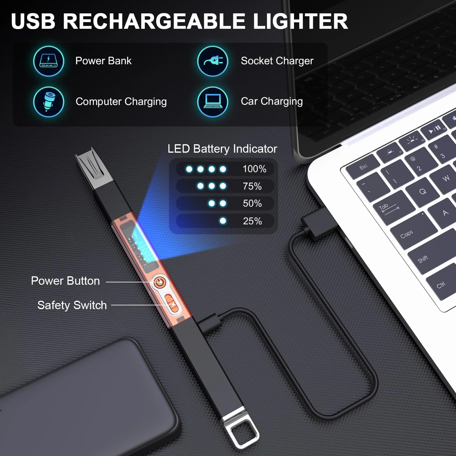 Zapalniczka plazmowa ładowana USB wiatroszczelna bezpłomieniowa czarna