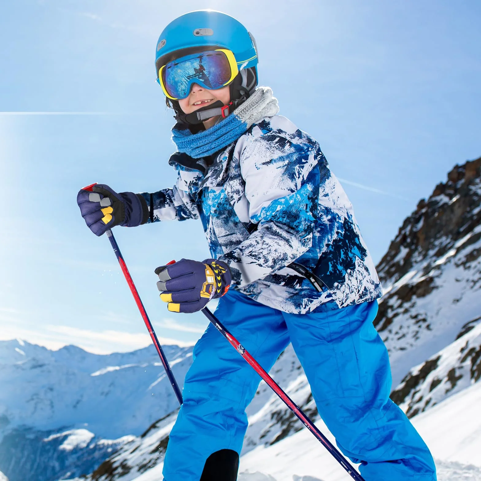 QKURT Dziecięce rękawice narciarskie, wodoodporne zimowe rękawiczki narciarskie, rękawiczki narciarskie Bulldozers, dziecięce rękawiczki narciarskie do sań snowboardowych dla dziewczynek i chłopców w