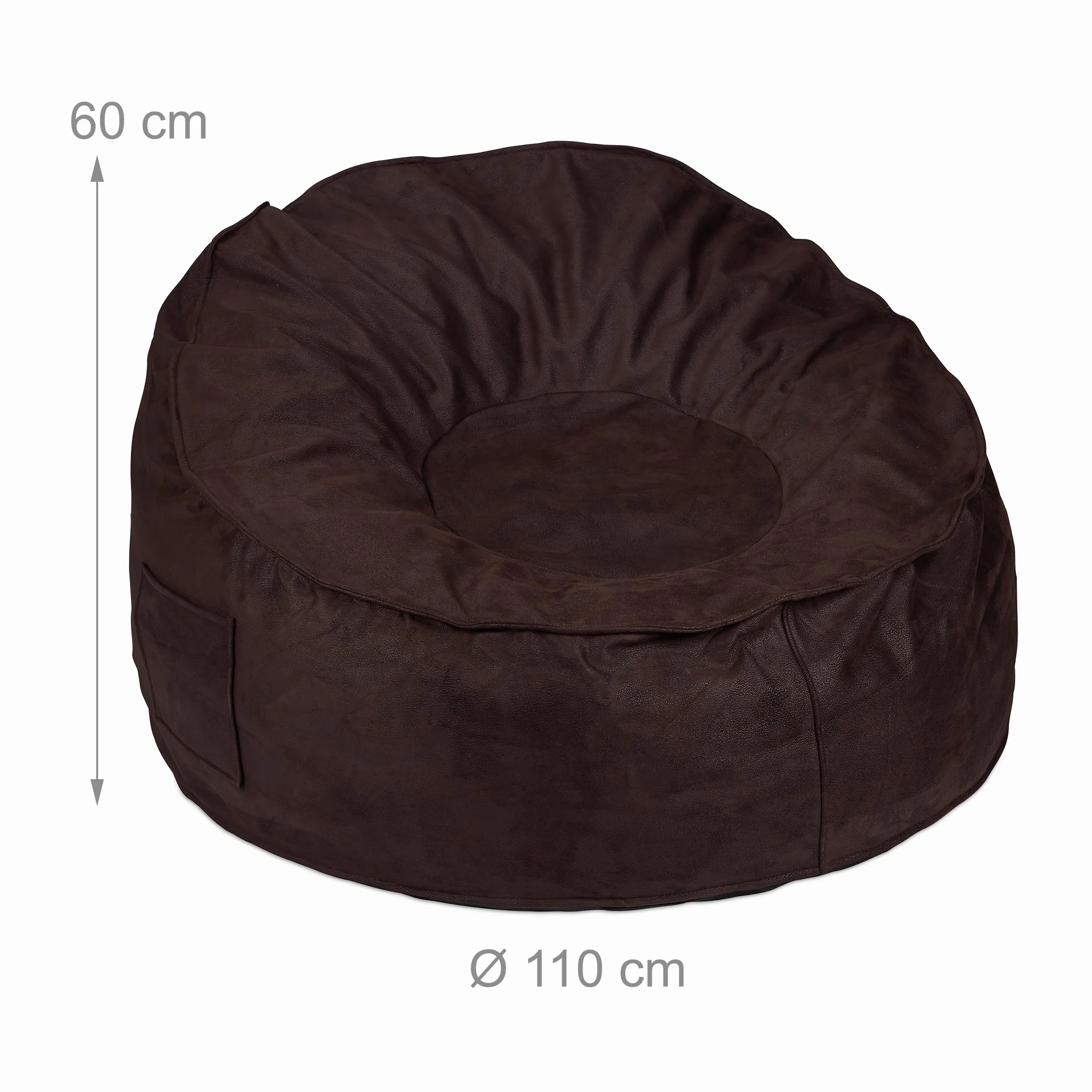 Relaxdays Worek do siedzenia XXL, imitacja zamszu, pianka, 2 kieszenie, ciemnobrązowy