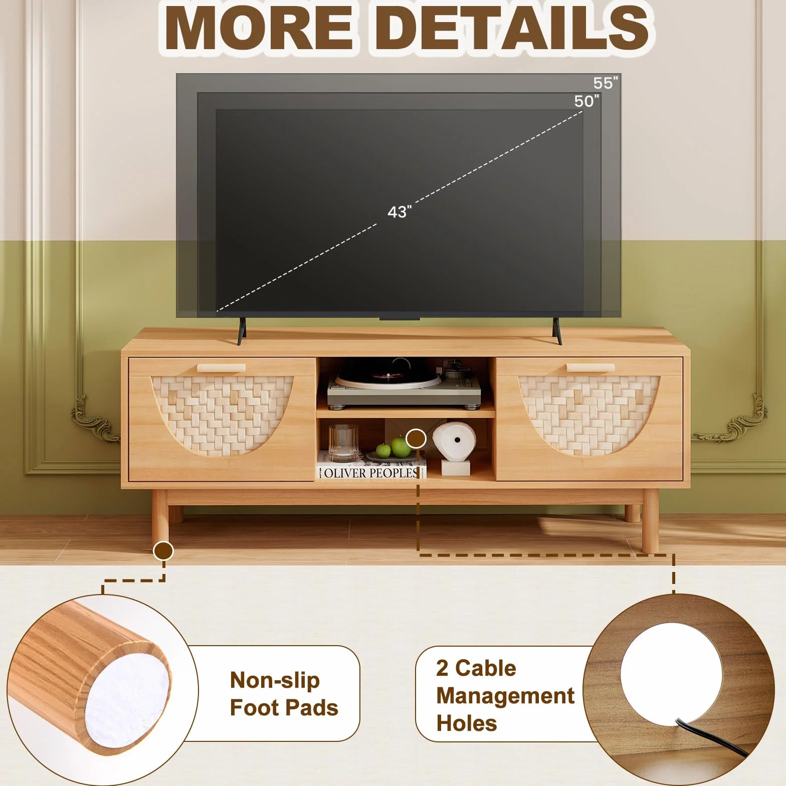 KOMFOTTEU Drewniana szafka pod telewizor do 55 cali, nogi z litego drewna, ławka TV z 2 szufladami i 2-poziomowa otwarta półka, stolik TV, styl boho, 120 x 35 x 45,5 cm, naturalna