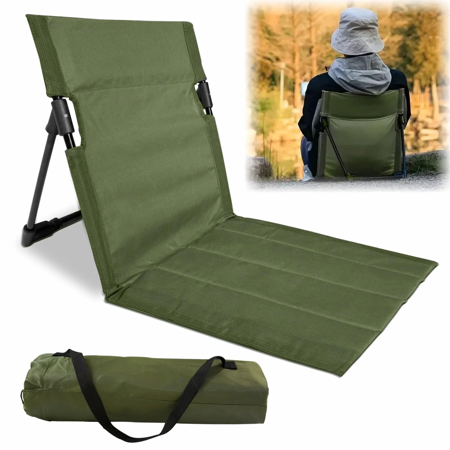 Składane Krzesło Plażowe Outdoor Army Green z Oparciem, Lekkie na Kemping