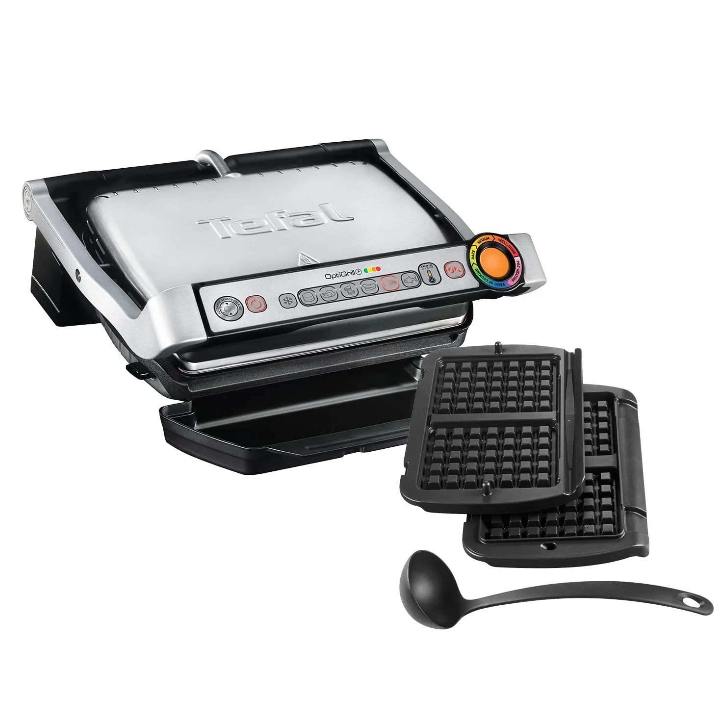 TEFAL GC716D Optigrill+ Grill Elektryczny, wymienne płyty do gofrów, 6 automatycznych programów gotowania, Automatic Sensor Cooking, mycie w zmywarce, porcje od 2 do 4 osób, Czarny/Srebrny
