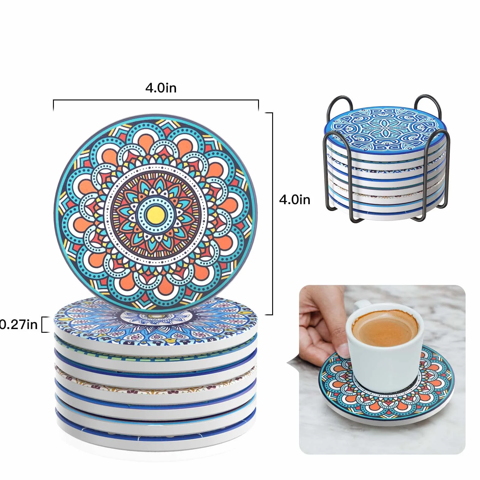 Zestaw 8 podstawek pod napoje, chłonne, ceramiczne, z metalowym uchwytem, 10 cm wzór mandali, wazony, świece, prezent na parapetówkę na urodziny, do kuchni, salonu