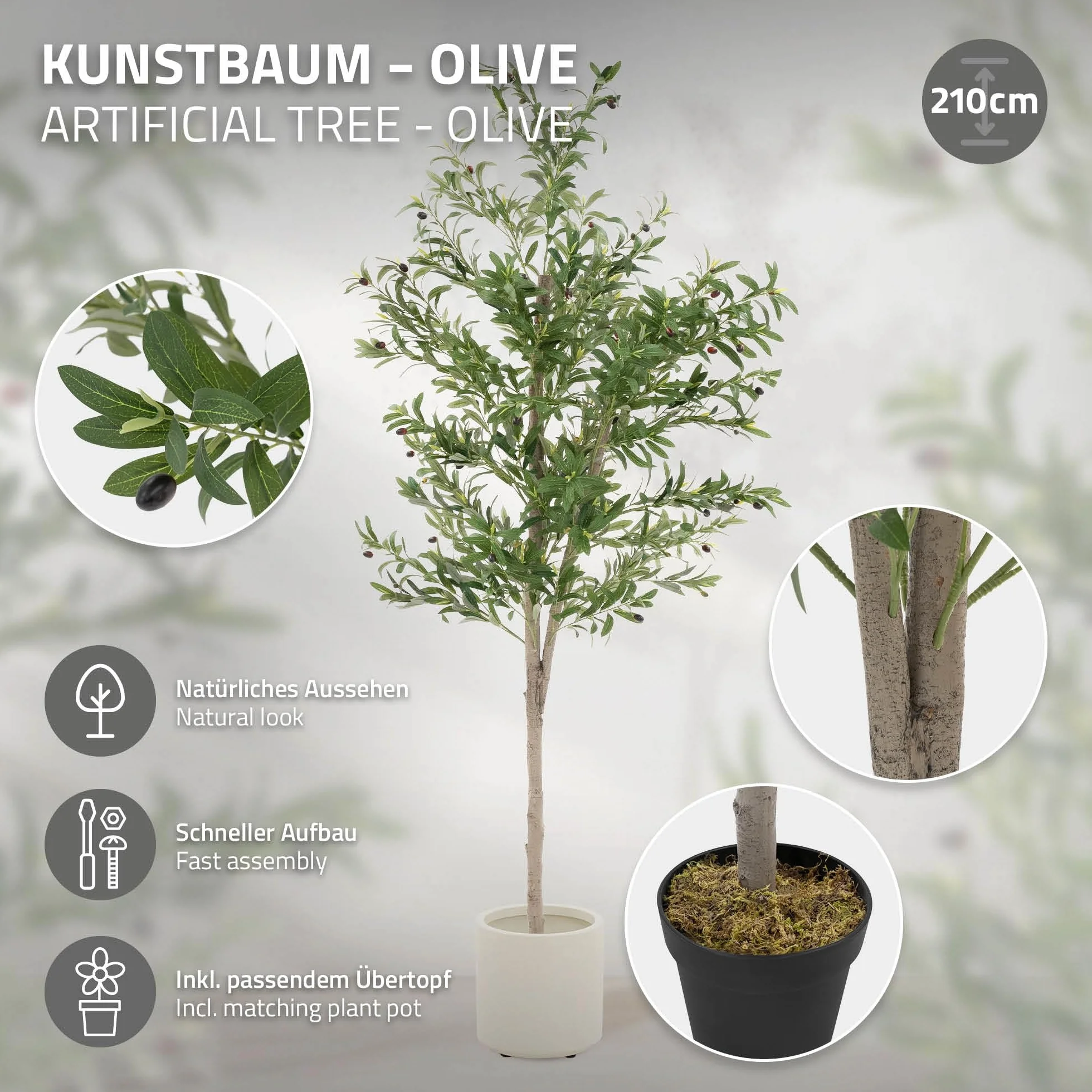 ML-Design Sztuczne Drzewo Oliwne 210 cm Duza Roslina Sztuczna z Naturalnym Pniem Drewna i Owocami Plastikowa Roslina w Doniczce do Uzytku Wewnetrznego i Zewnetrznego Realistyczne Drzewo Salonu i Biura