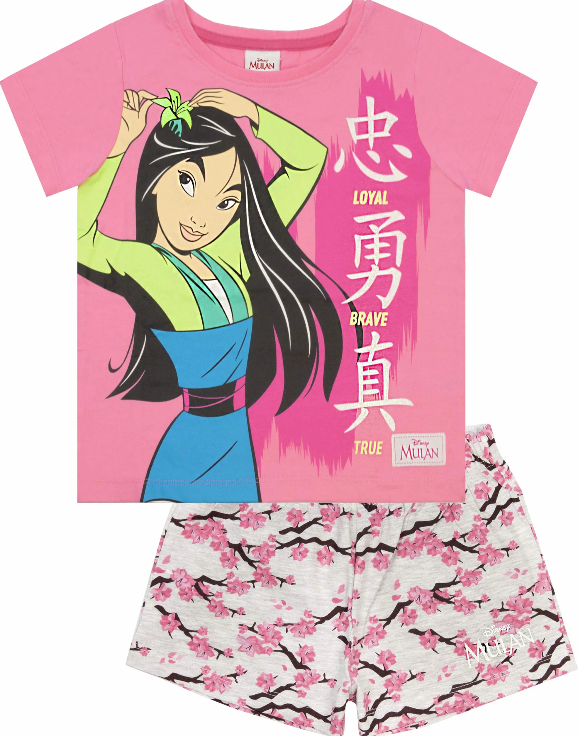 Mulan Disney piżama Loyal Brave True Girl's różowa koszulka i szorty piżamy zestaw odzieży nocnej