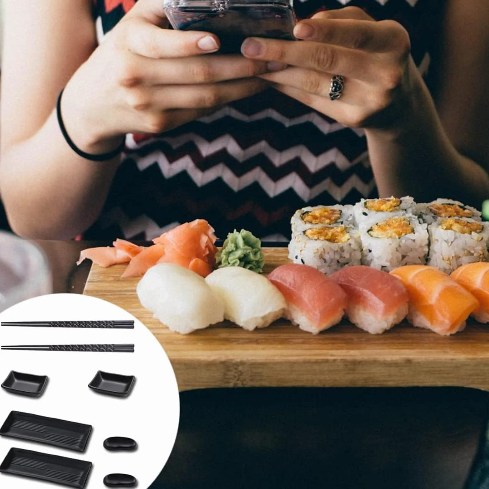 Łupek talerz do sushi 8-częściowy z miseczkami do dipów 21x10 cm dla 2 osób