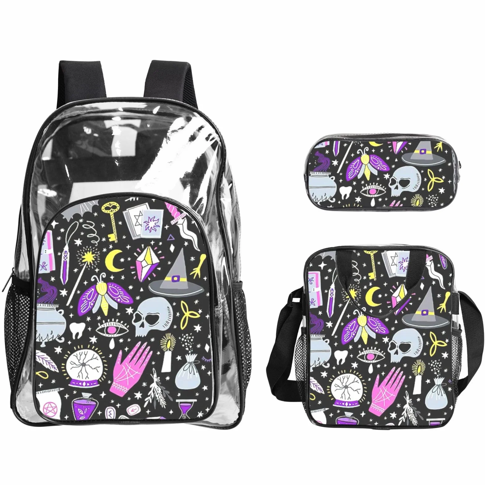 Magiczna czarownica czary bohema rysunek nadruk unisex 3-częściowy przezroczysty plecak zestaw torba na lunch do szkoły podróży na świeżym powietrzu sport