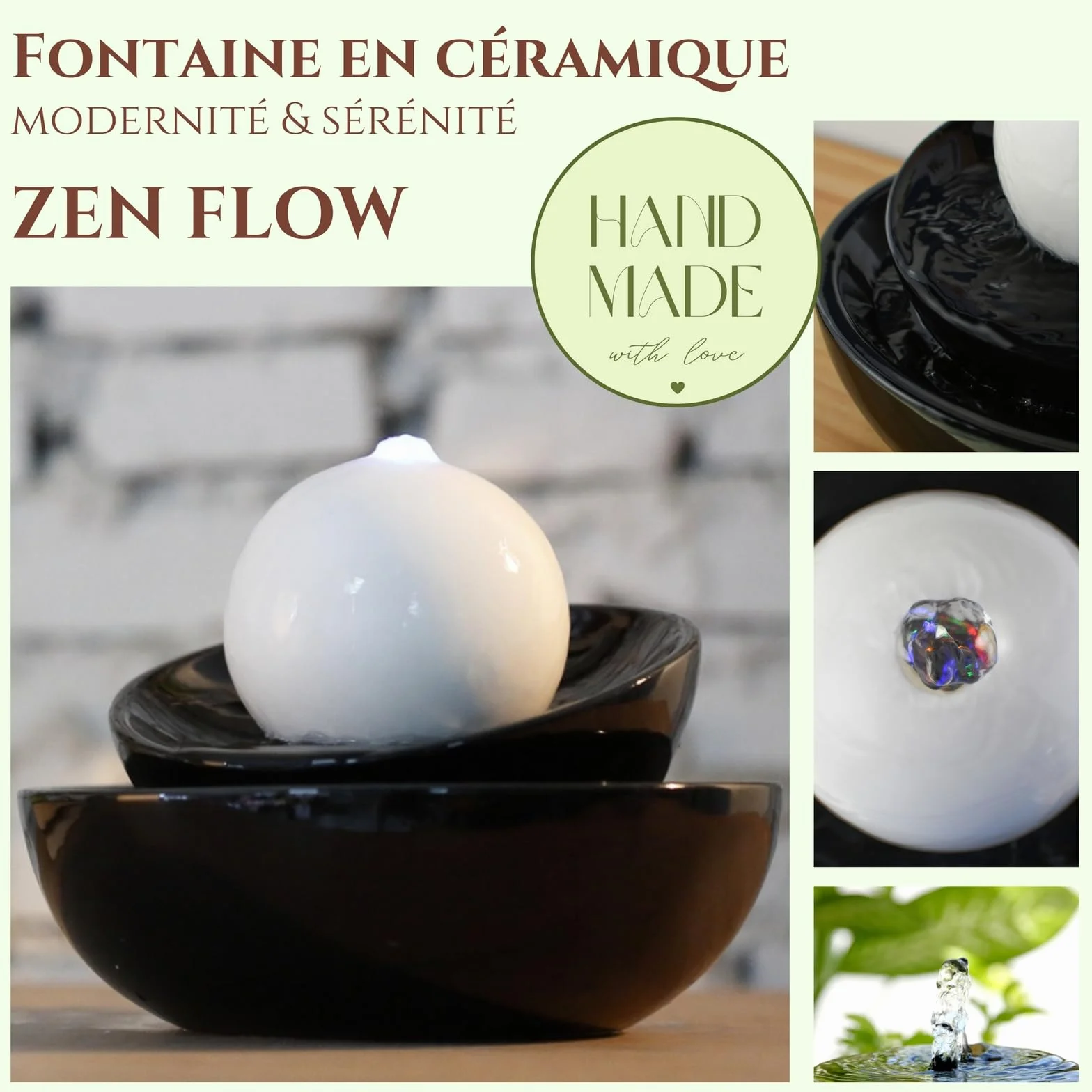 Zen'Light Zen Flow fontanna pokojowa LED ceramiczna czarno-biała 23 x 23 x 18 cm
