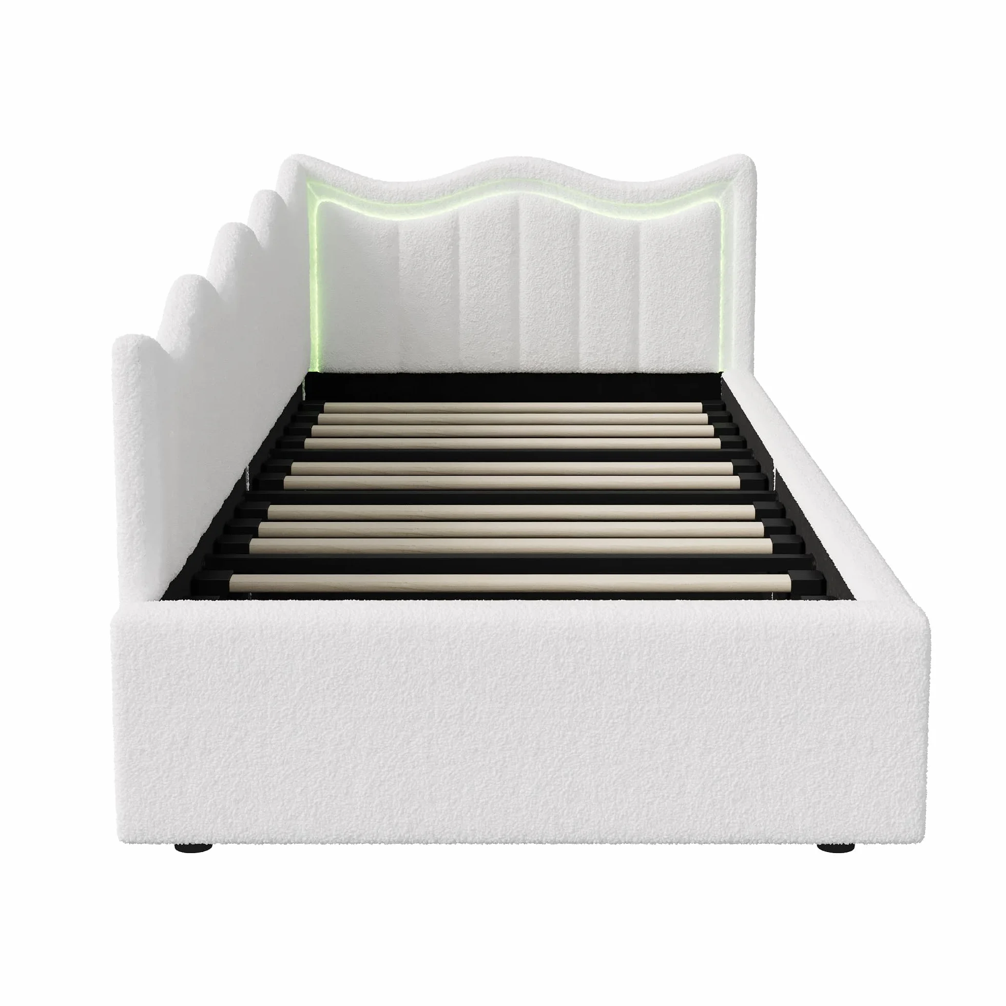 Łóżko 90 x 200 z hydraulicznym miejscem do przechowywania, sofa łóżko ze światłem LED, tapicerowane łóżka z łóżkiem na listwach, łóżka dla dzieci 90 x 200 z zagłówkiem, aksamitne Teddy, białe