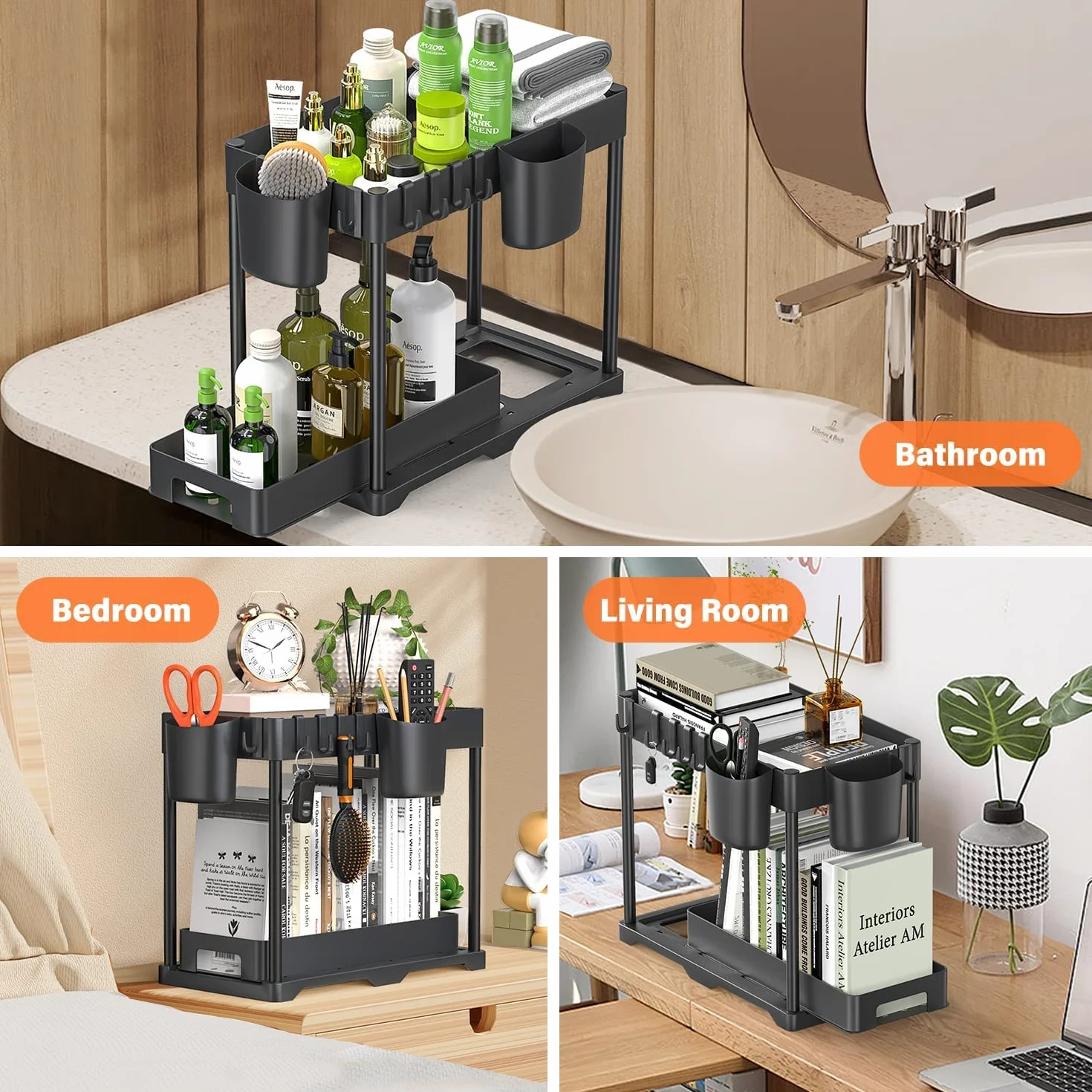 CompraFun Organizer pod zlewem 2 poziomy, przesuwany organizer pod zlew kuchenny z 4 haczykami i 2 wiszącym koszem, wyjmowana półka do przechowywania pod zlewem kuchnia, łazienka