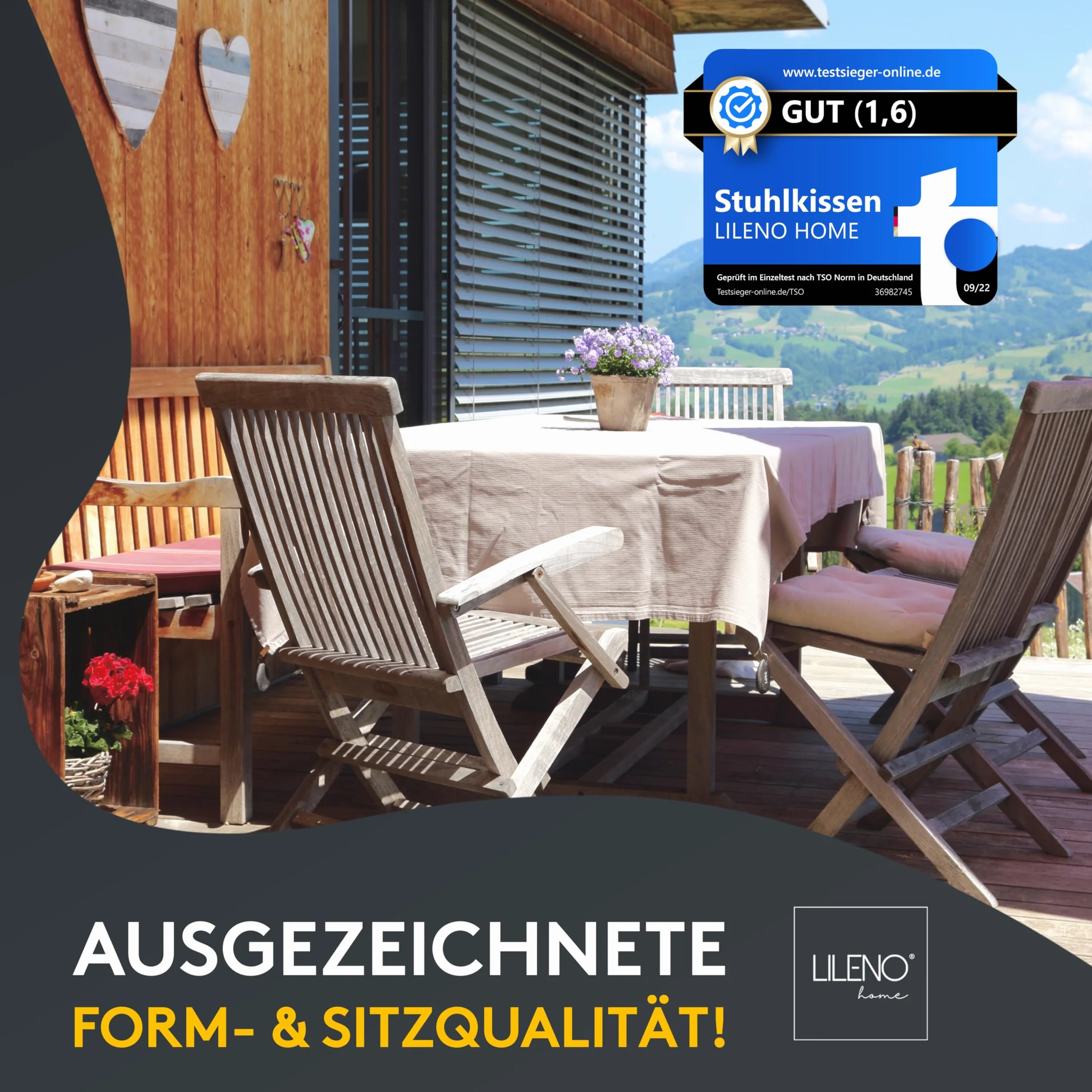 LILENO HOME Zestaw 4 poduszek na krzesło, czarne (38 x 38 x 8 cm) – poduszka do siedzenia na krzesło ogrodowe, do kuchni lub jadalni – wygodna, odporna na promieniowanie UV, do użytku wewnątrz i na