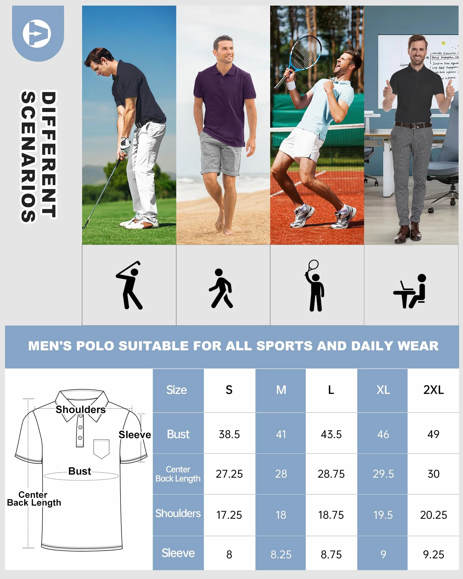 Outdoor Ventures Męska koszulka polo z kieszenią na piersi, letnia koszulka golfowa UPF50+, ochrona przed słońcem, krótki rękaw, szybkoschnąca, koszulka sportowa, jednokolorowa koszulka polo dla