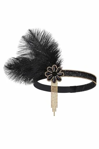 BABEYOND Flapper opaska na czoło Gatsby z lat 20. XX wieku - ozdoba głowy z piórami na wesele i festiwal, damskie akcesoria vintage, czarno-złote