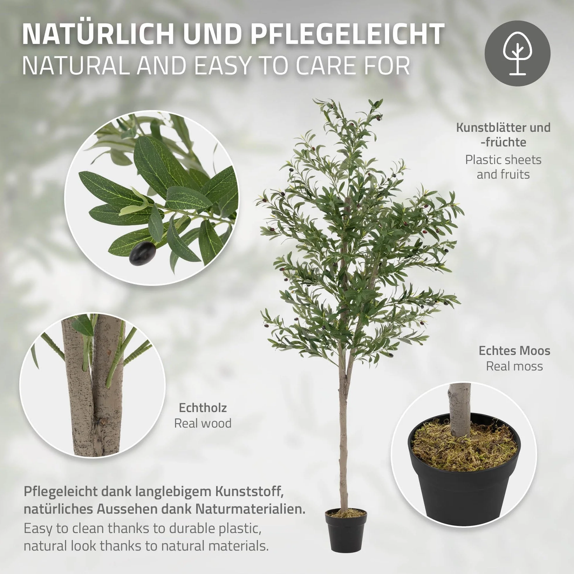 ML-Design Sztuczne Drzewo Oliwne 210 cm Duza Roslina Sztuczna z Naturalnym Pniem Drewna i Owocami Plastikowa Roslina w Doniczce do Uzytku Wewnetrznego i Zewnetrznego Realistyczne Drzewo Salonu i Biura