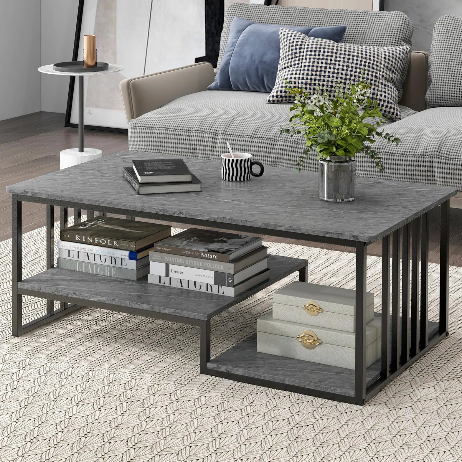 LIFEZEAL Stół Centrum Salonowe, z efektem marmuru, niski stół sofa, Drewno+metal, nowoczesny, otwarty stojak, 110 x 60 x 45 cm