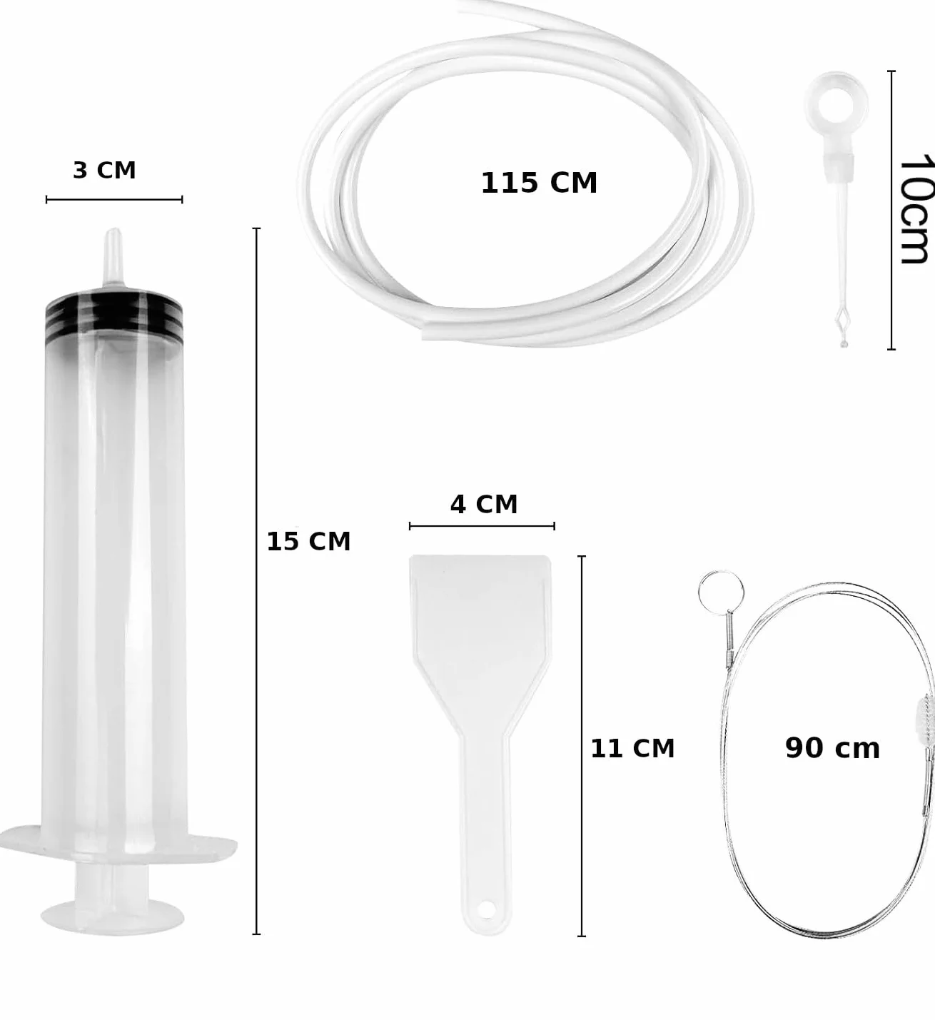RYELDOM Zestaw do czyszczenia otworu odpływowego kondensatu lodówka, strzykawka 15 cm, wąż 115 cm, skrobak 11 cm