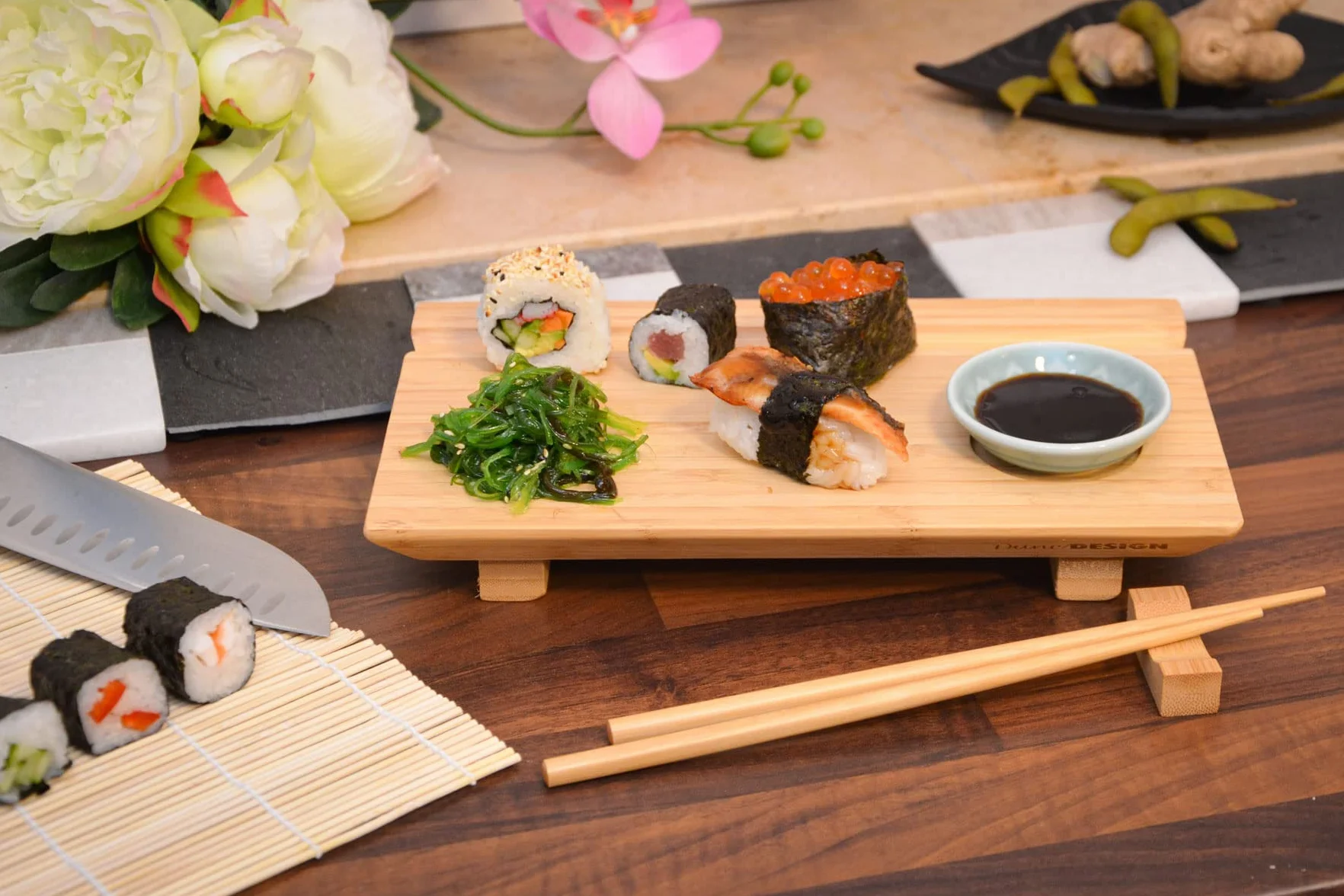 DuneDesign Zestaw naczyń do sushi dla 2 osób bambusowa taca do serwowania 27x16x4