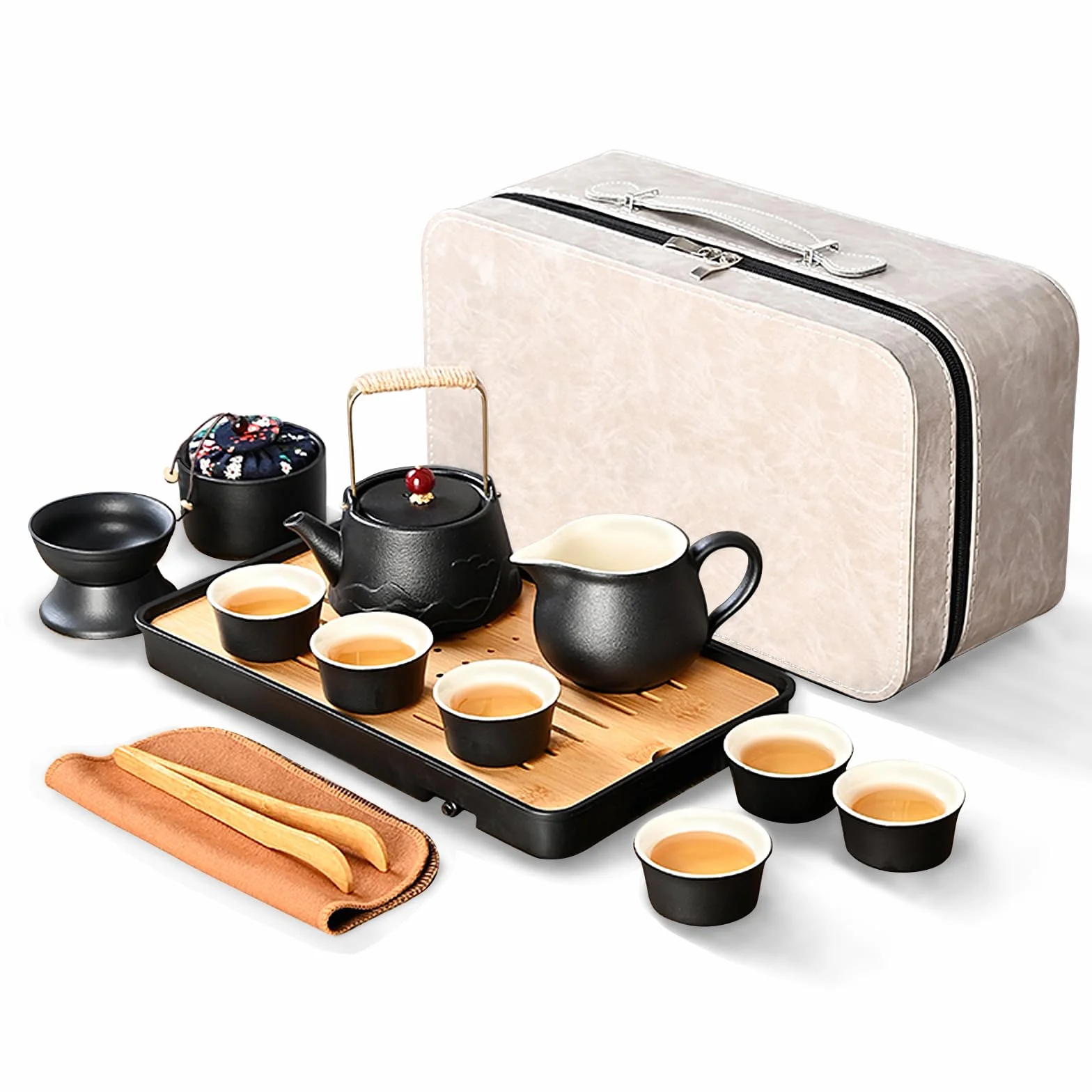 fanquare Czarny japoński zestaw do herbaty podróżny, porcelanowy czajniczek kung fu z tacą, przenośna torba, chiński serwis do herbaty dla mężczyzn i kobiet, prezent