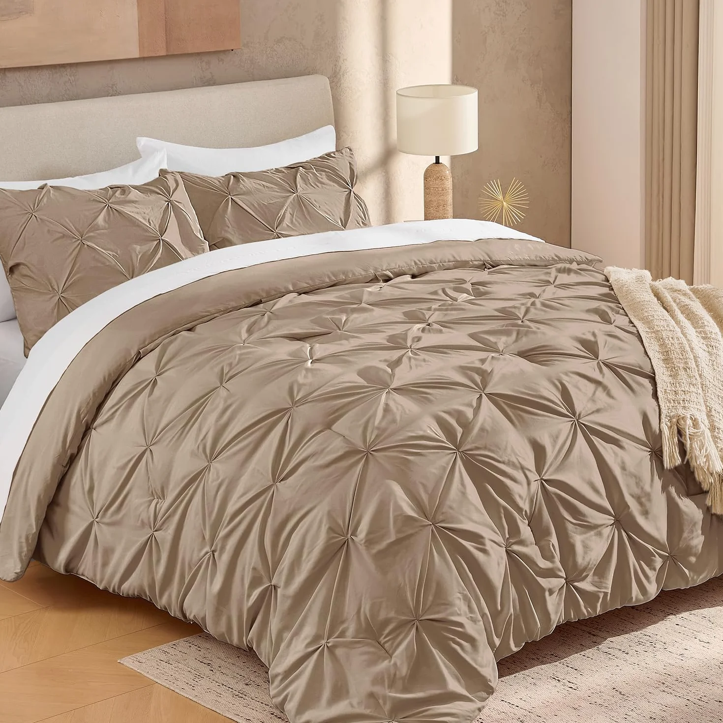 Andency Taupe Comforter Set Full, 3 Pieces Pinch Pleat Bedding Comforters & Sets, Soft Lightweight All Season Bed Set for Kids, Adults(79x90Inch)