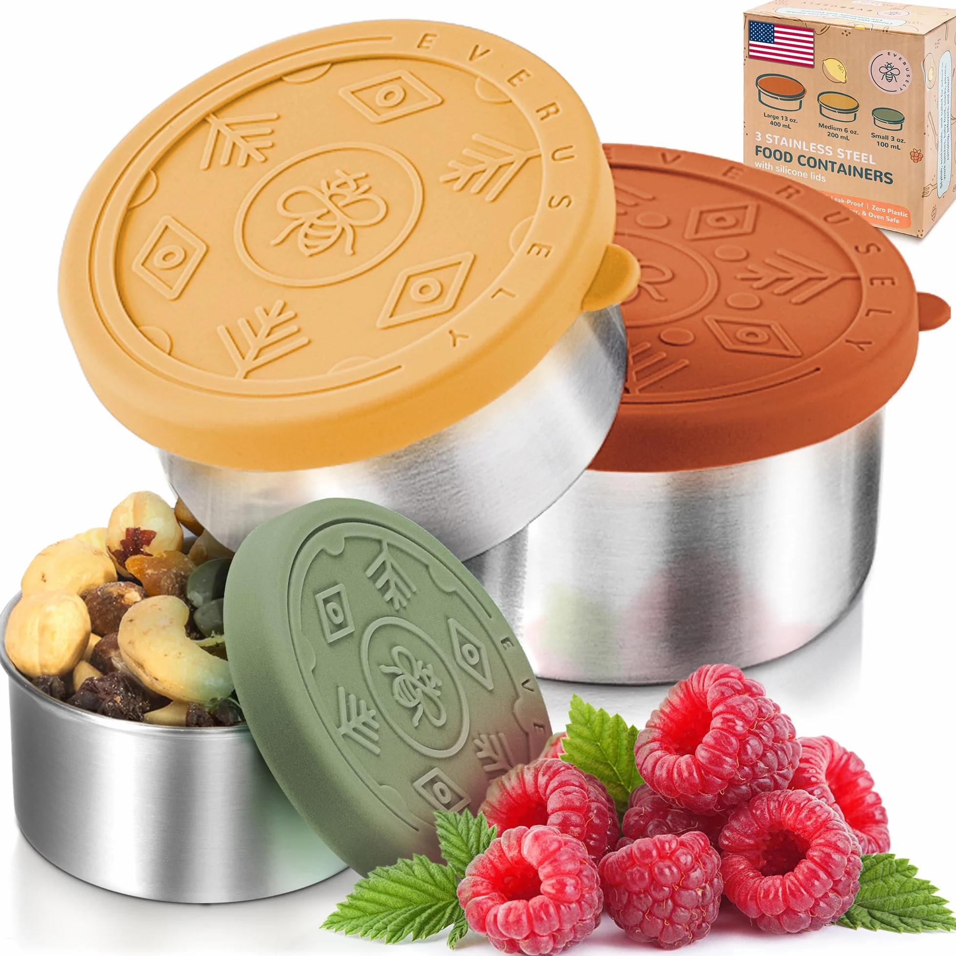 Everusely Stainless Steel Food Containers 3 Pack Leakproof Metal Lunch Box