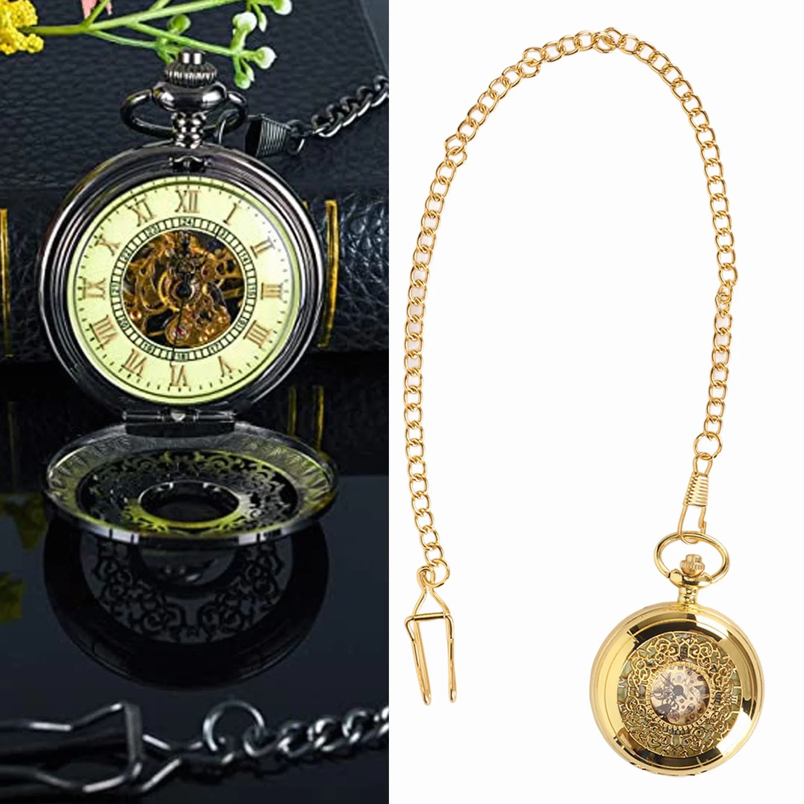 Mechanical Pocket Watch Hand Wind Pocket Zegarek Luminous Skeleton Zegarek z łańcuchem dla Mężczyzn Women Vintage Style