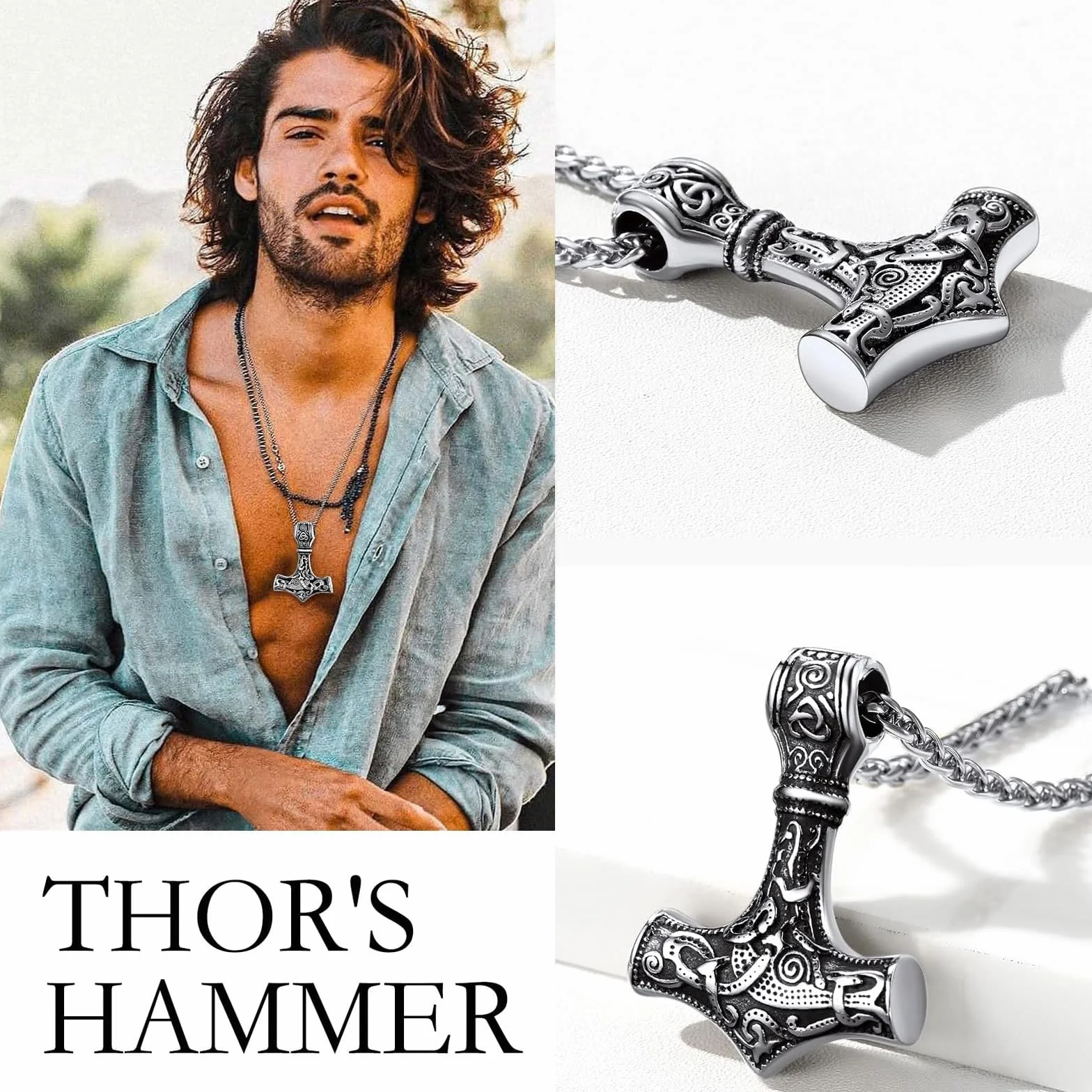 Łańcuszek na szyję z młotem Thor, wisiorek z motywem młota Thor, z celtyckim węzłem, lina wikingów, dla mężczyzn, łańcuszek 60 cm, Stal nierdzewna