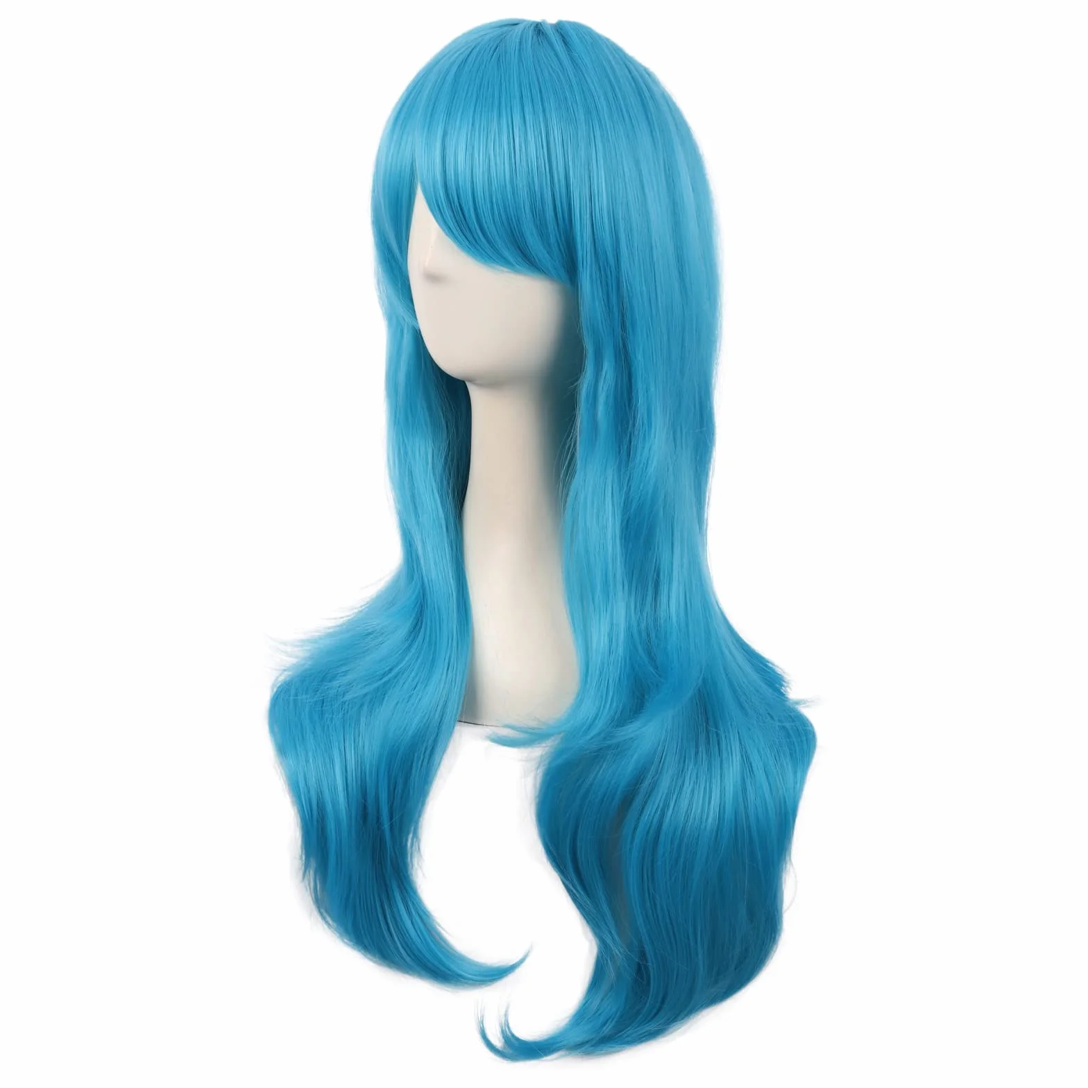 MapofBeauty 28 cali/70 cm Boczne grzywki naturalne objętość długie kręcone Cosplay Peruki (cyjan niebieski)
