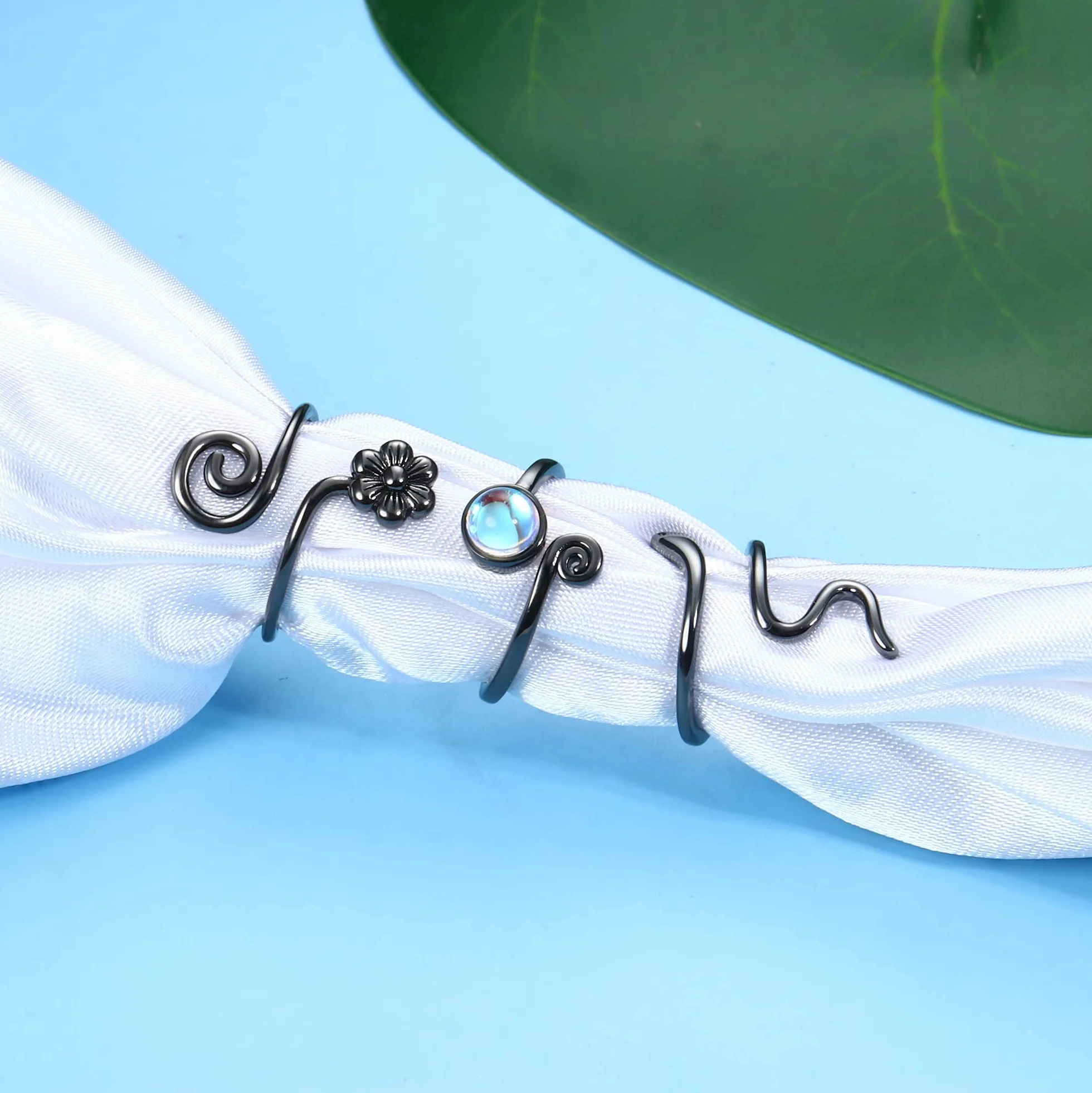 Sllaiss 3PCS 925 Sterling Silver Czarny Pierścień do palca dla kobiet Mężczyzn Otwarty Regulowany Pierścień Czarny Twist Flower Cool Toe Ring Zestaw palca Pierścień Foot Biżuteria