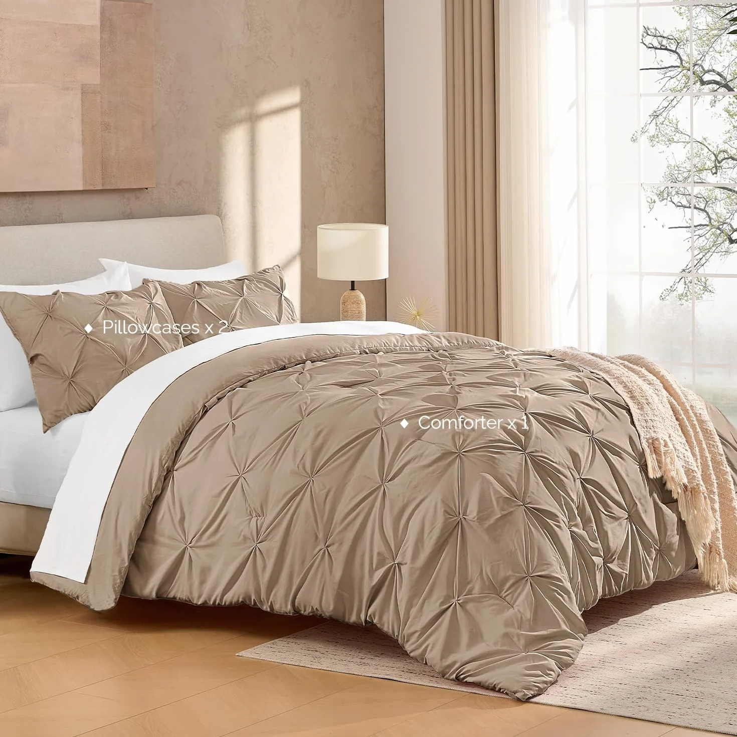 Andency Taupe Comforter Set Full, 3 Pieces Pinch Pleat Bedding Comforters & Sets, Soft Lightweight All Season Bed Set for Kids, Adults(79x90Inch)